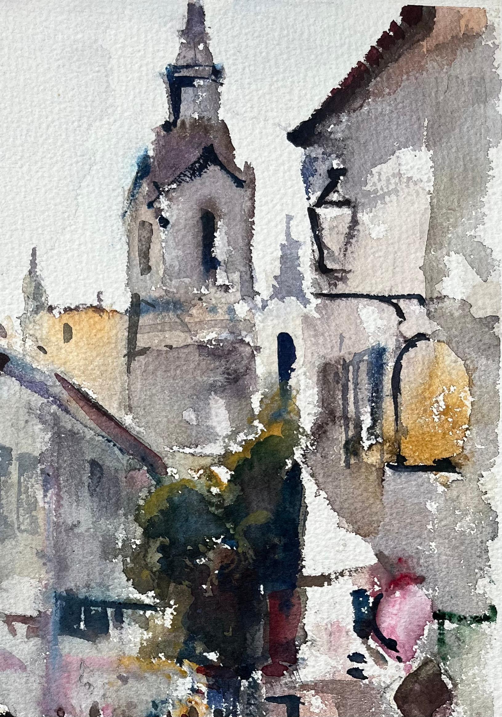 Britisches impressionistisches Aquarell einer Bustling Street mit Kirchenturm, British Impressionismus (Grau), Landscape Painting, von Anthony Avery