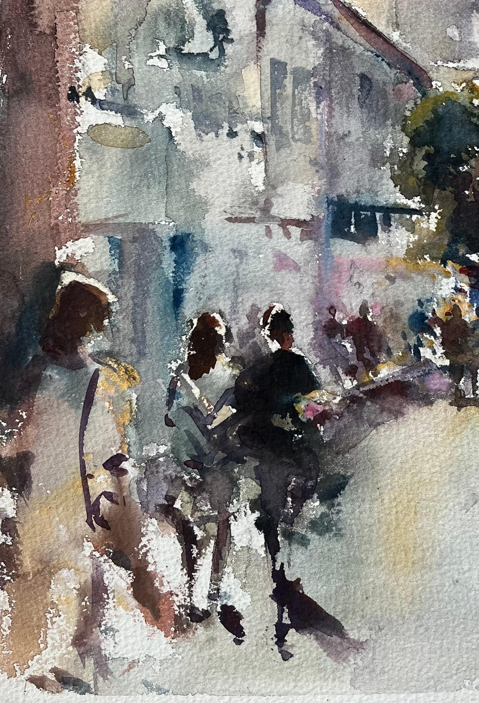 Titel: Aquarell eines britischen Impressionisten einer belebten Straße mit Kirchturm
Von Anthony Avery (Brite 1946-2023)
Original-Aquarell auf Künstlerpapier, ungerahmt
Abmessungen: 15,25 x 11 Zoll (Höhe x Breite)
Zustand: Gut, mit leichten