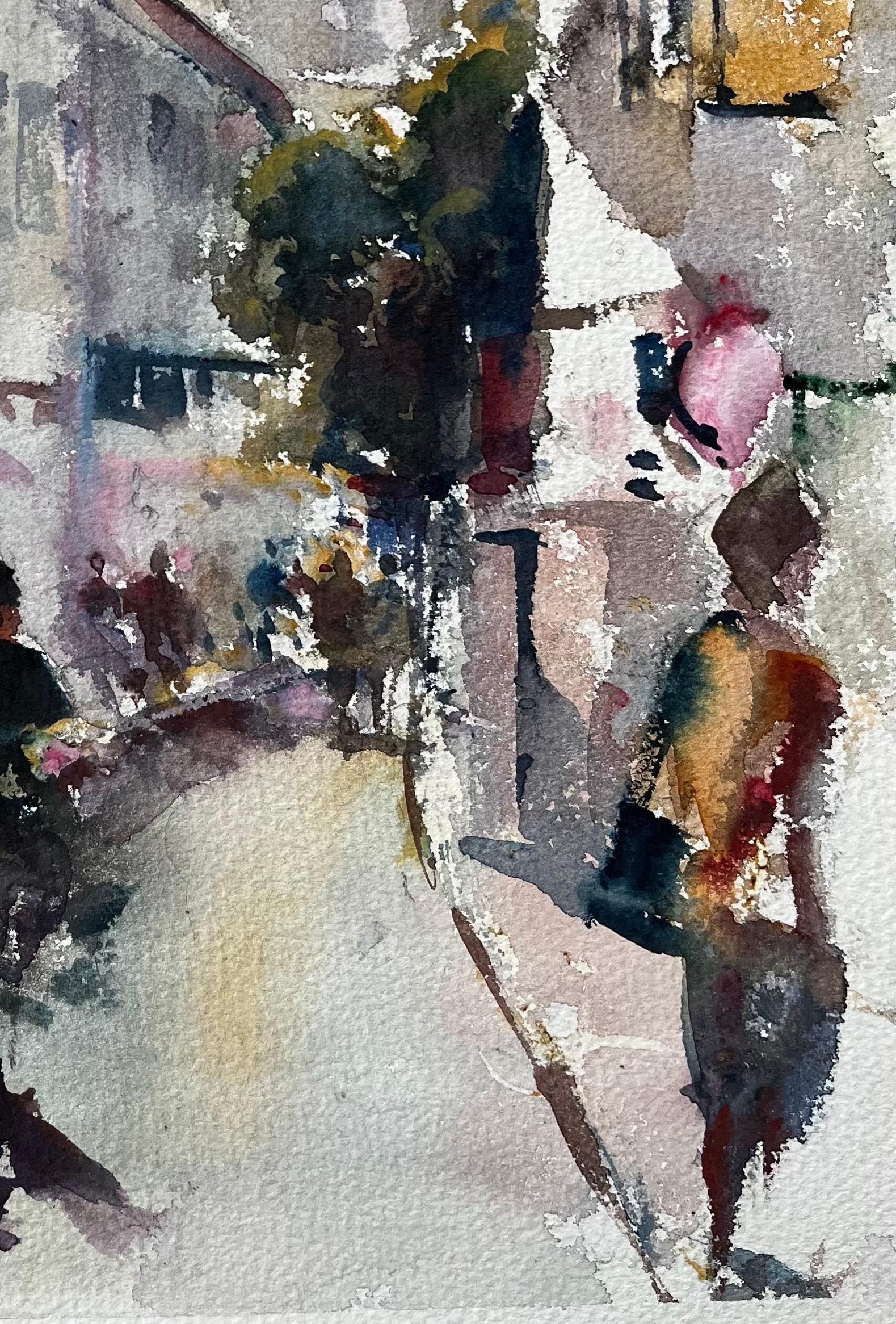Britisches impressionistisches Aquarell einer Bustling Street mit Kirchenturm, British Impressionismus im Angebot 1