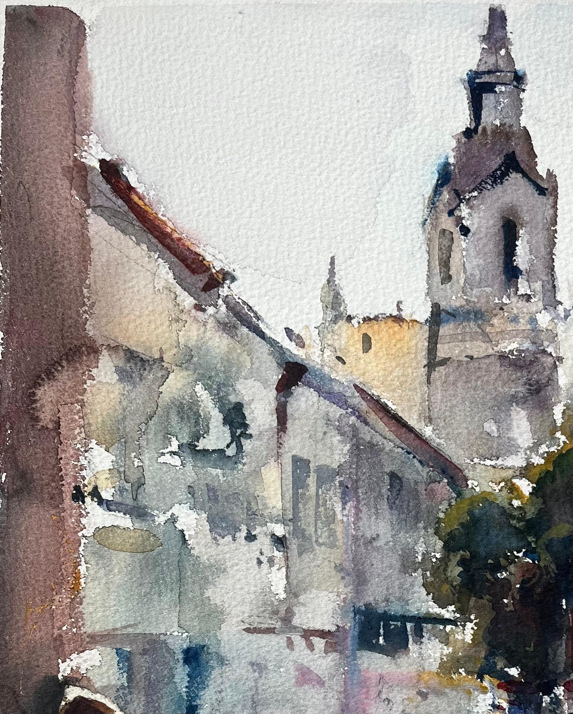 Britisches impressionistisches Aquarell einer Bustling Street mit Kirchenturm, British Impressionismus im Angebot 2