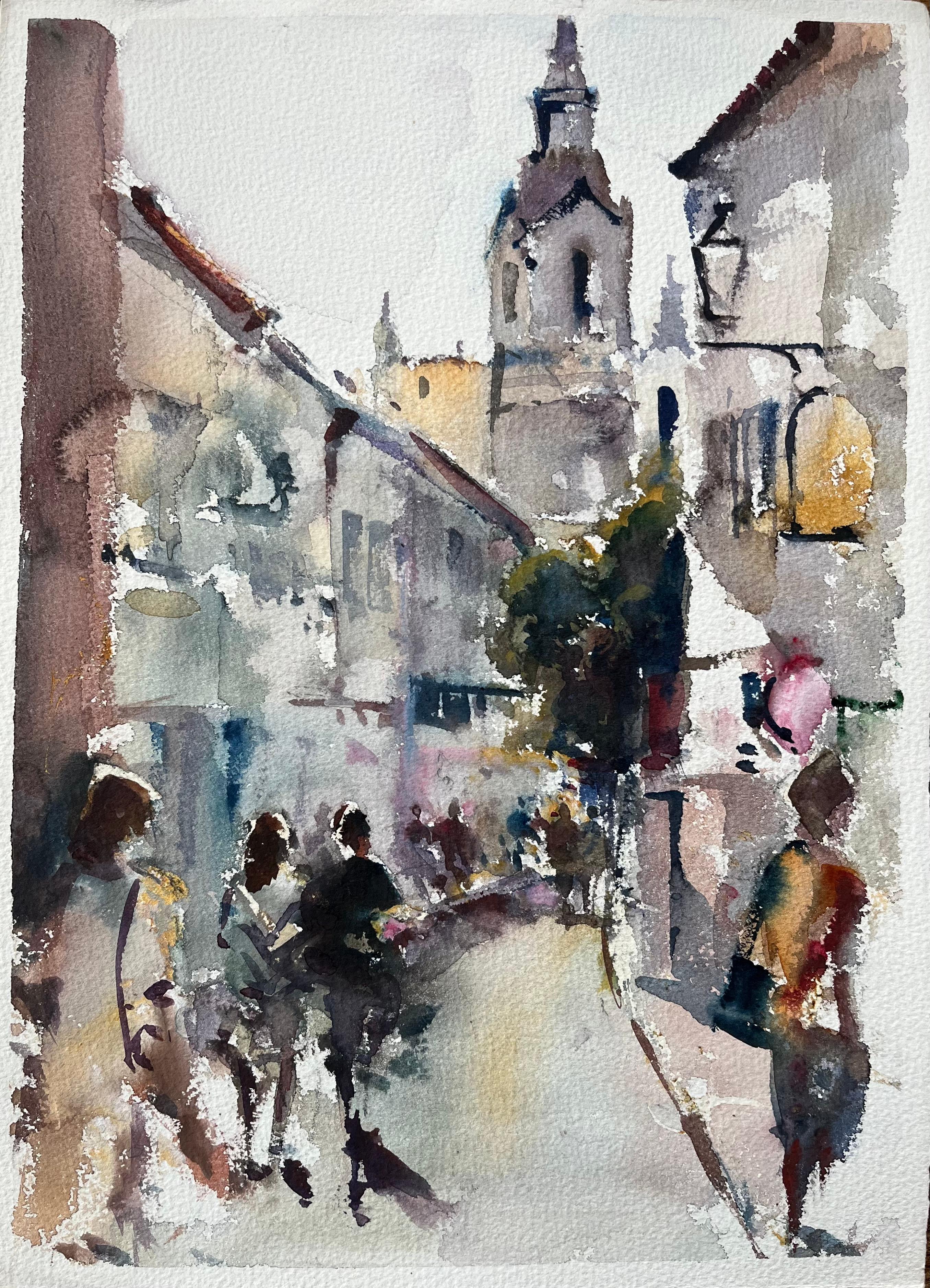 British Impressionist Watercolor of a Bustling Street with Church Tower