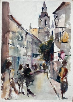 Aquarelle impressionniste britannique d'une rue de Bustling avec une tour d'église