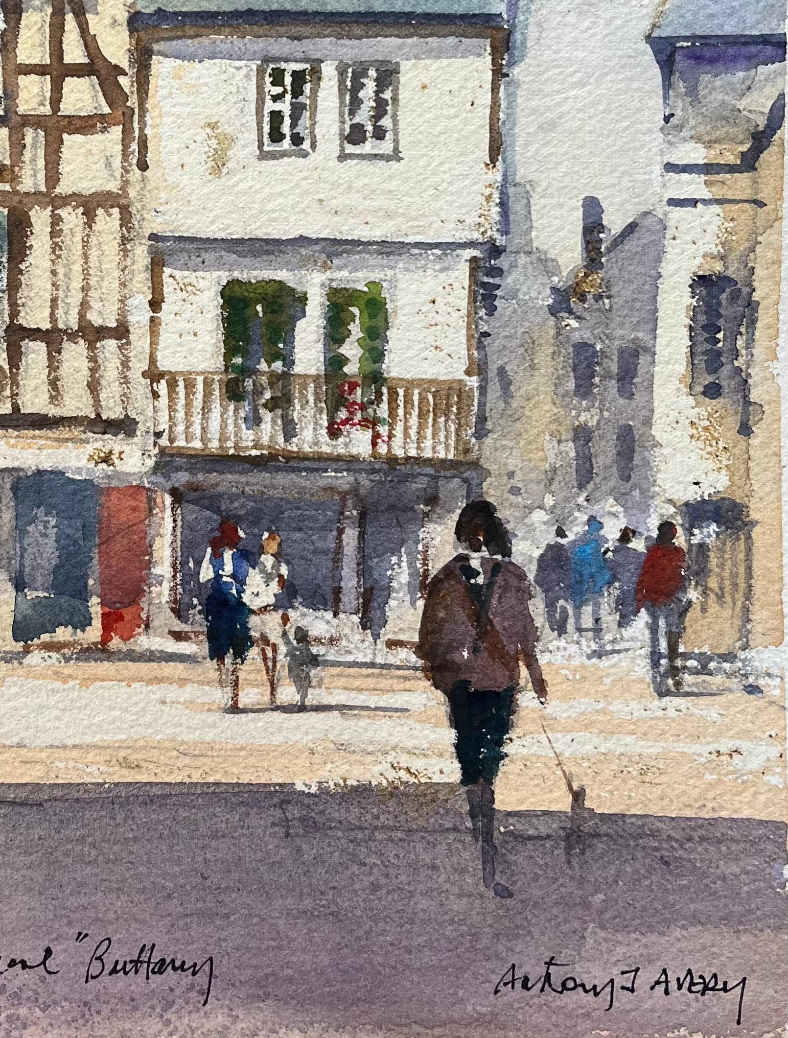 Britisches impressionistisches Aquarell einer Busy Street am Lannion Square, Bretagne (Impressionismus), Painting, von Anthony Avery