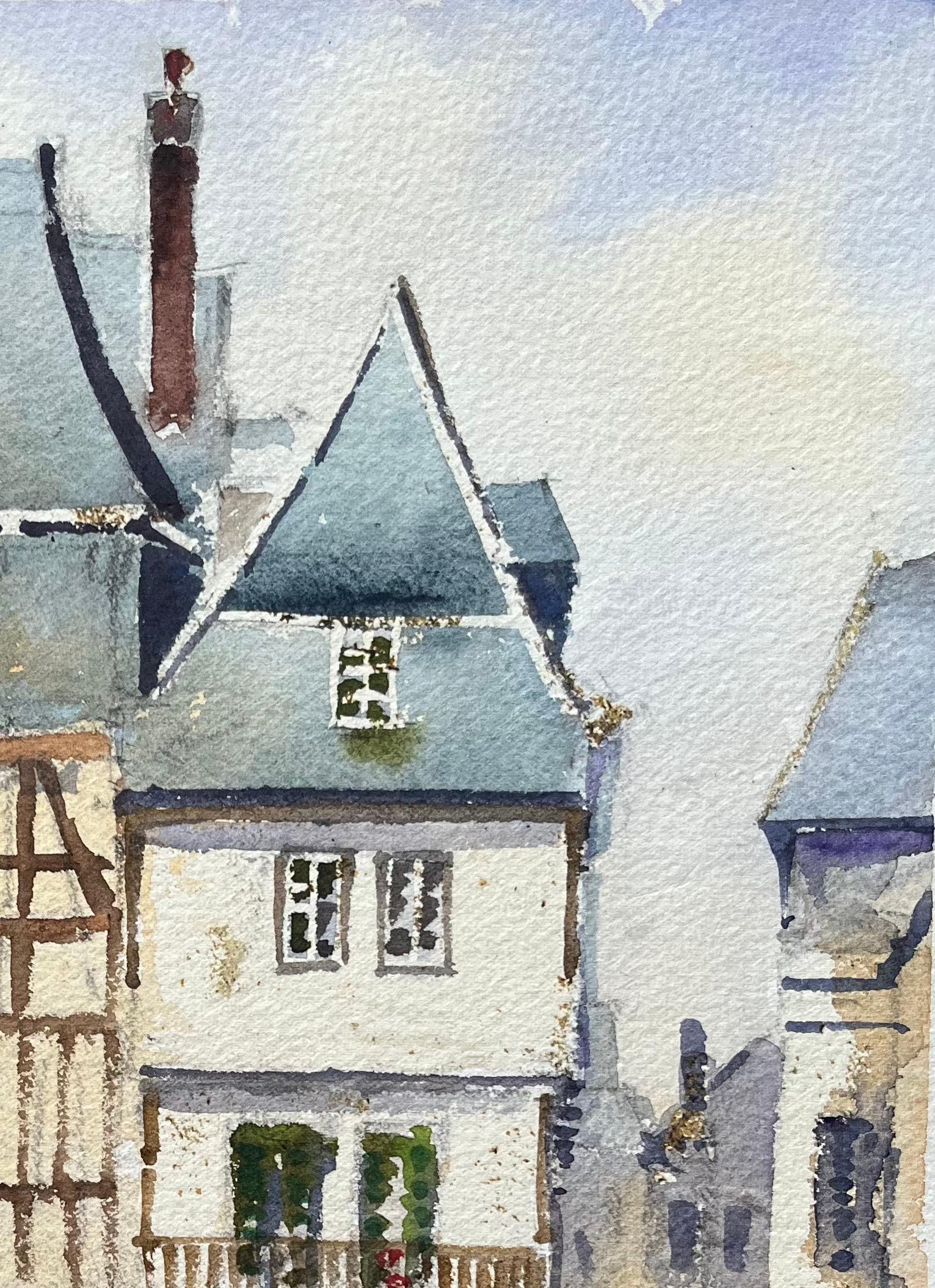 Britisches impressionistisches Aquarell einer Busy Street am Lannion Square, Bretagne (Grau), Landscape Painting, von Anthony Avery