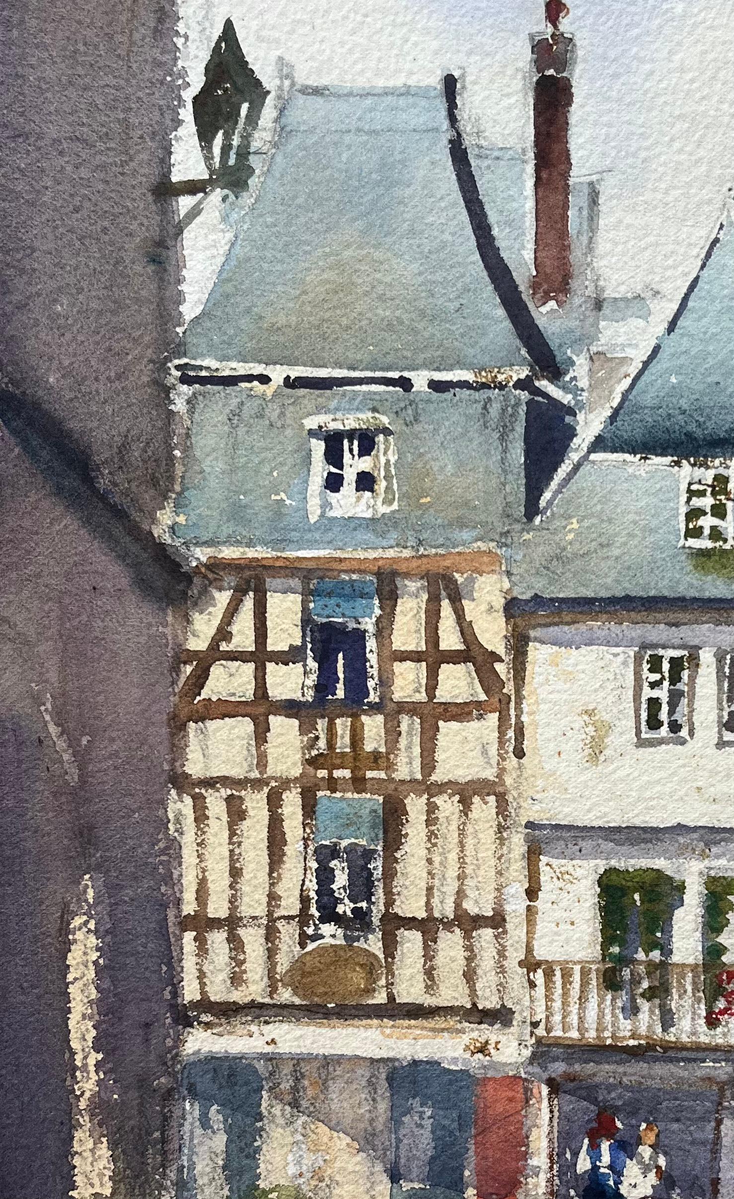 Britisches impressionistisches Aquarell einer Busy Street am Lannion Square, Bretagne im Angebot 1