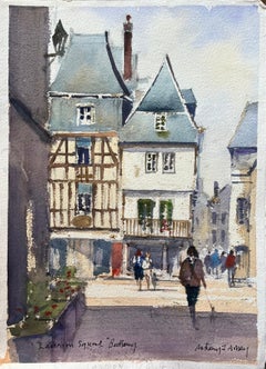 Aquarelle impressionniste britannique d'une rue animée à Lannion Square, Bretagne