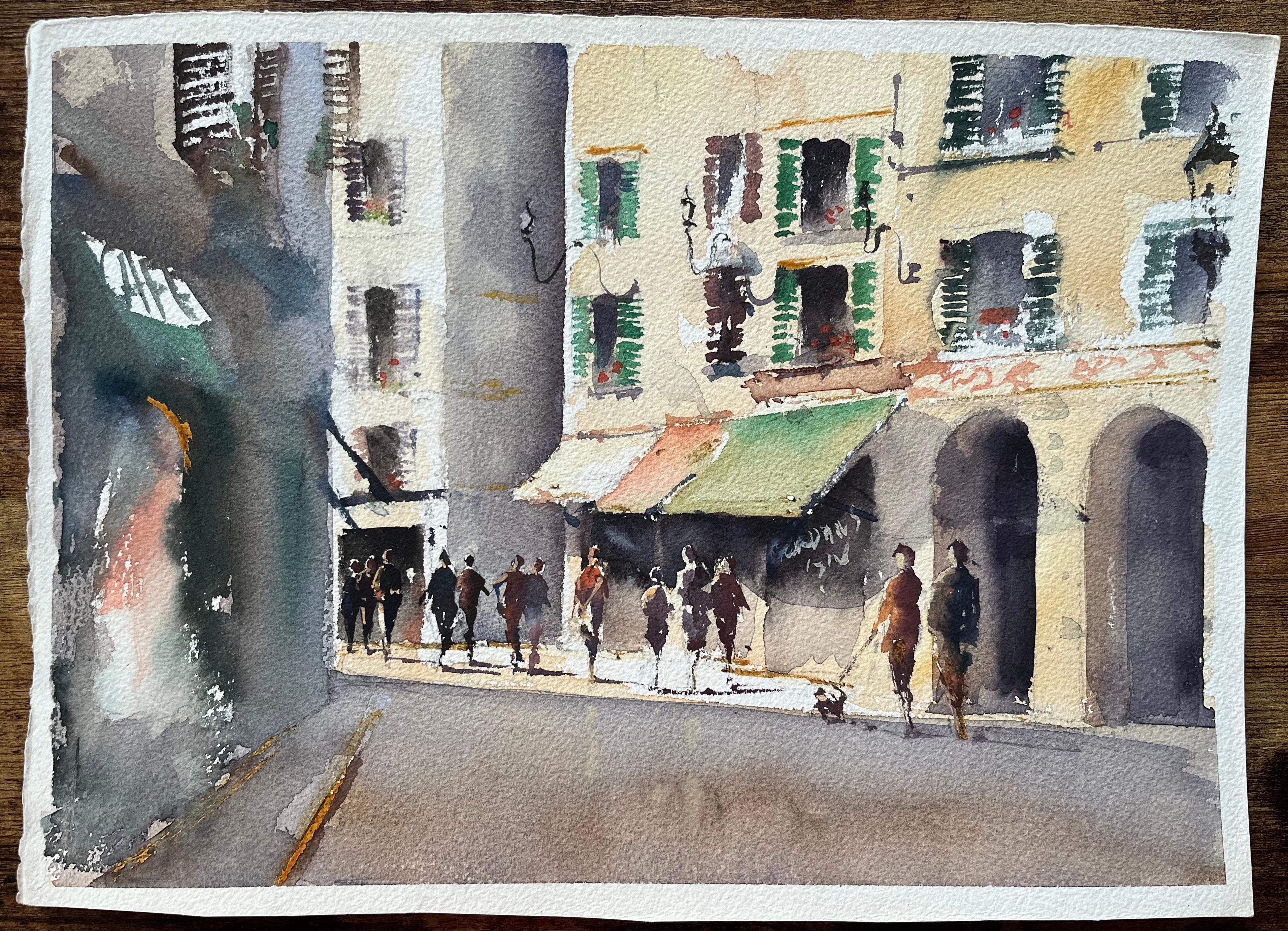 British Impressionist Watercolor of a Busy Sunlit European Street Scene - Painting by Anthony Avery