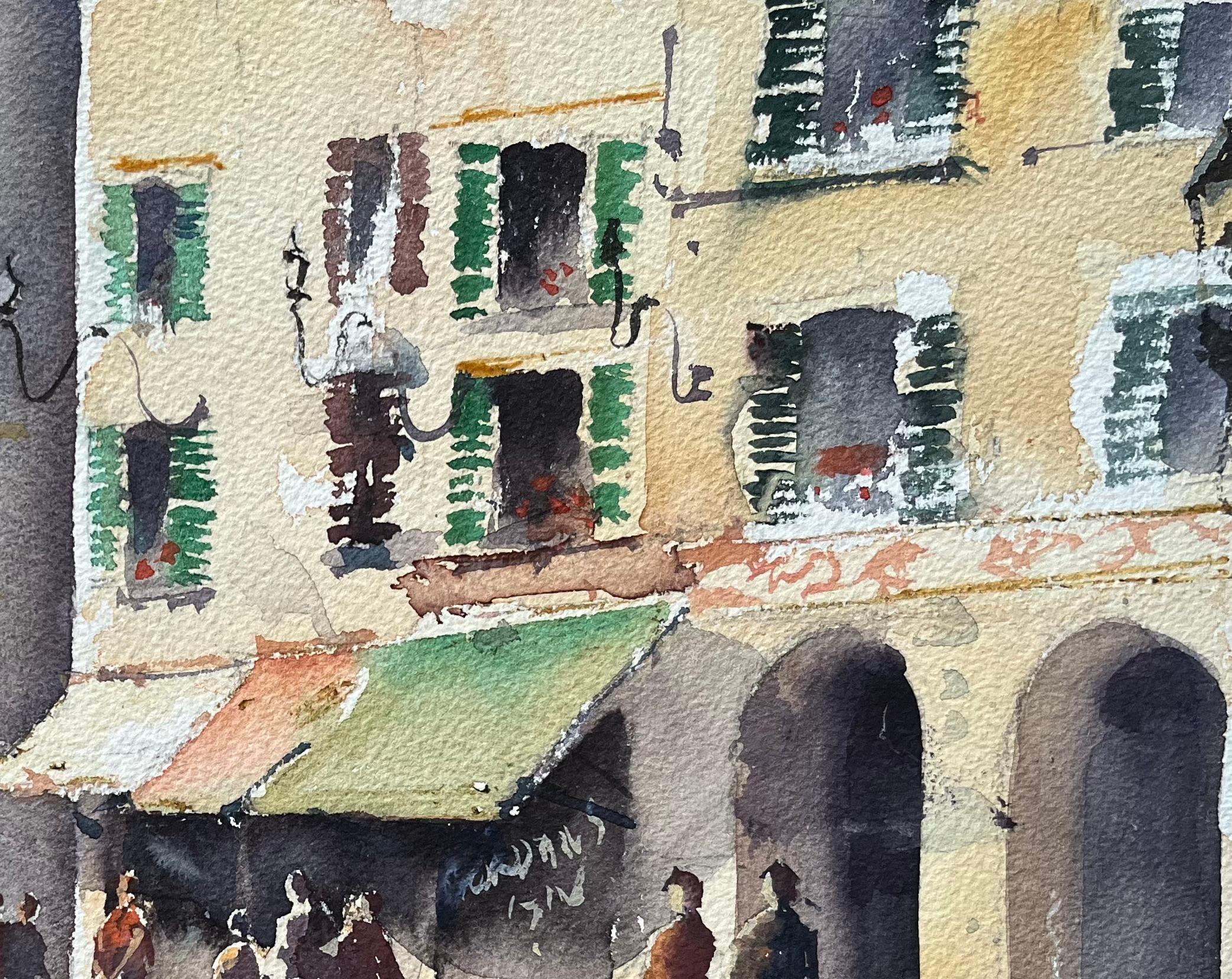 Title: British Impressionist Watercolor of a Busy Sunlit European Street Scene
By Anthony Avery (British 1946-2023)
Original watercolor on artists paper, unframed
Dimensions: 11.25 x 15.5 inches (Height x Width)
Condition: Good, with some minor