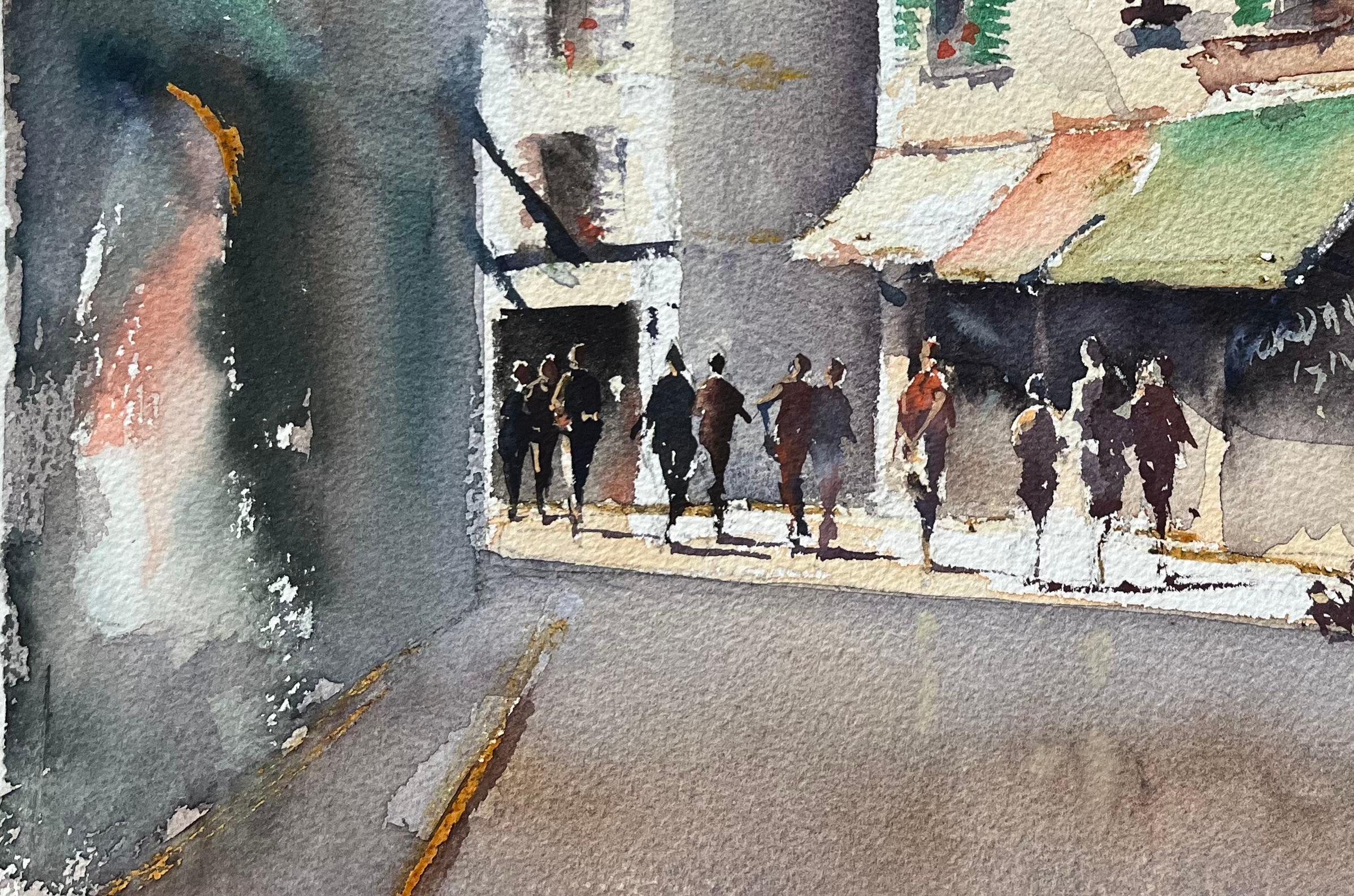 British Impressionist Watercolor of a Busy Sunlit European Street Scene For Sale 1