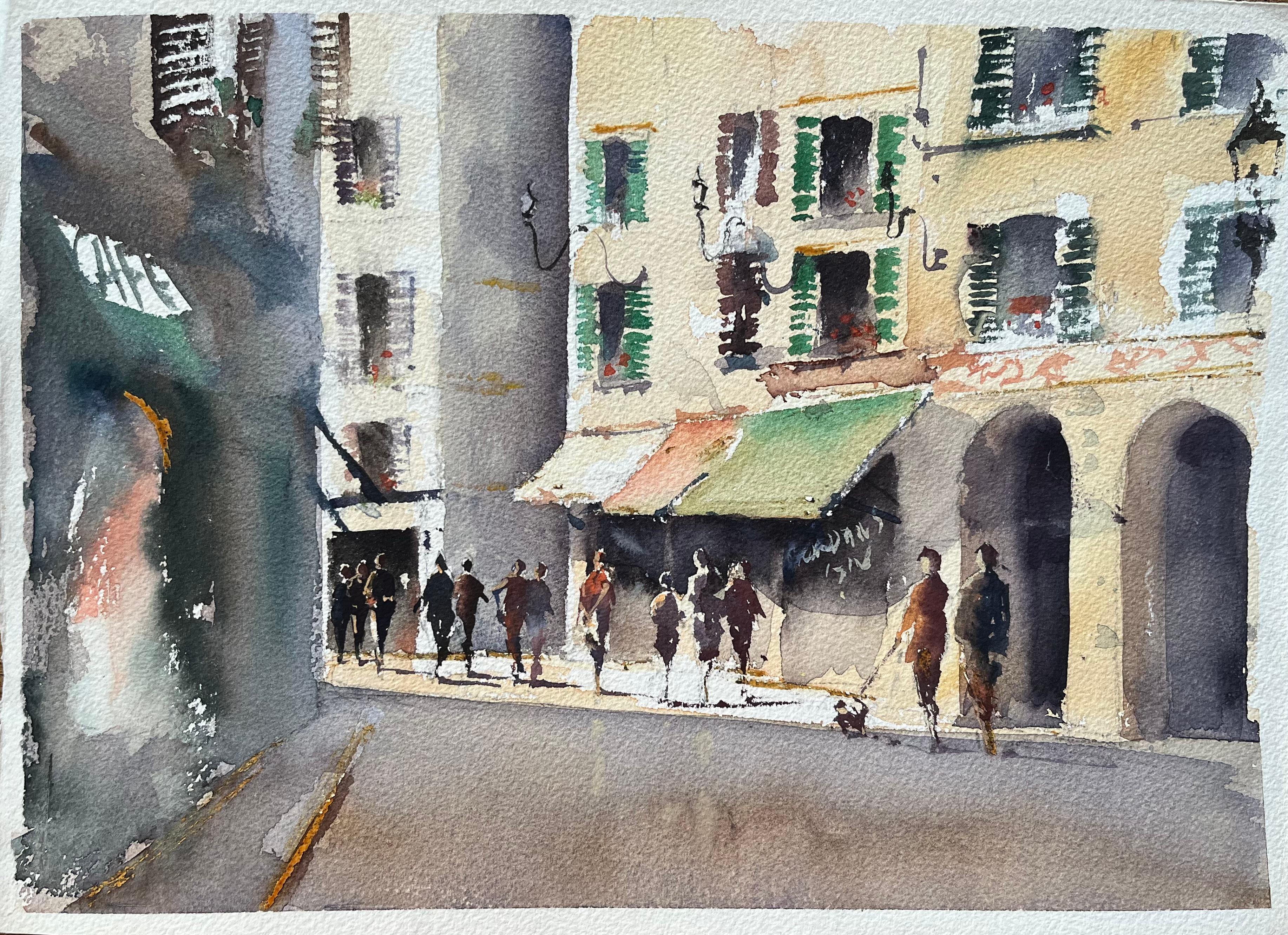 Anthony Avery Landscape Painting - British Impressionist Watercolor of a Busy Sunlit European Street Scene