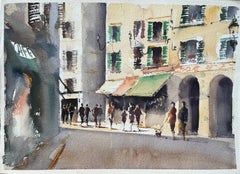 British Impressionist Watercolor of a Busy Sunlit European Street Scene