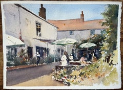 British Impressionist Watercolor of a Busy Sunny Courtyard Café Scene