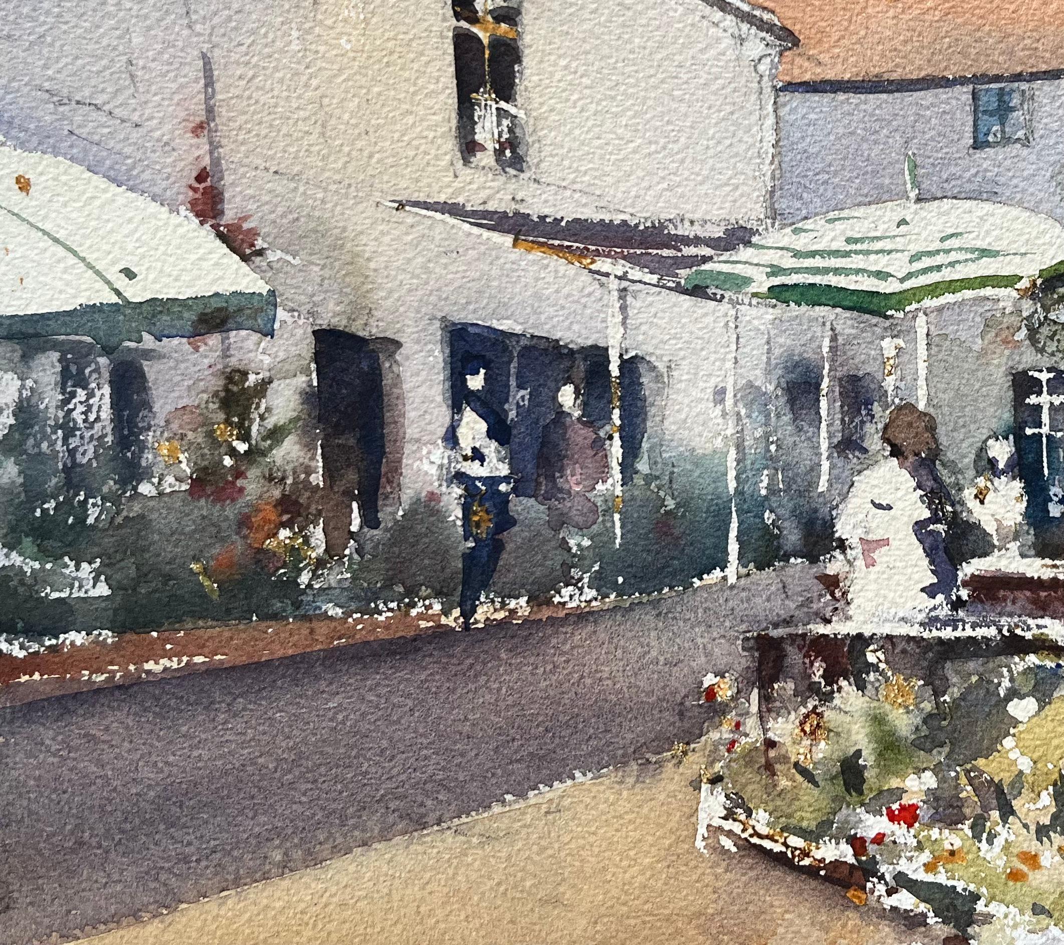 Titre : Aquarelle impressionniste britannique d'une scène de café dans une cour ensoleillée et animée
Par Anthony Avery (britannique 1946-2023)
Aquarelle originale sur papier d'artiste, non encadrée
Dimensions : 11 x 15 pouces (hauteur x