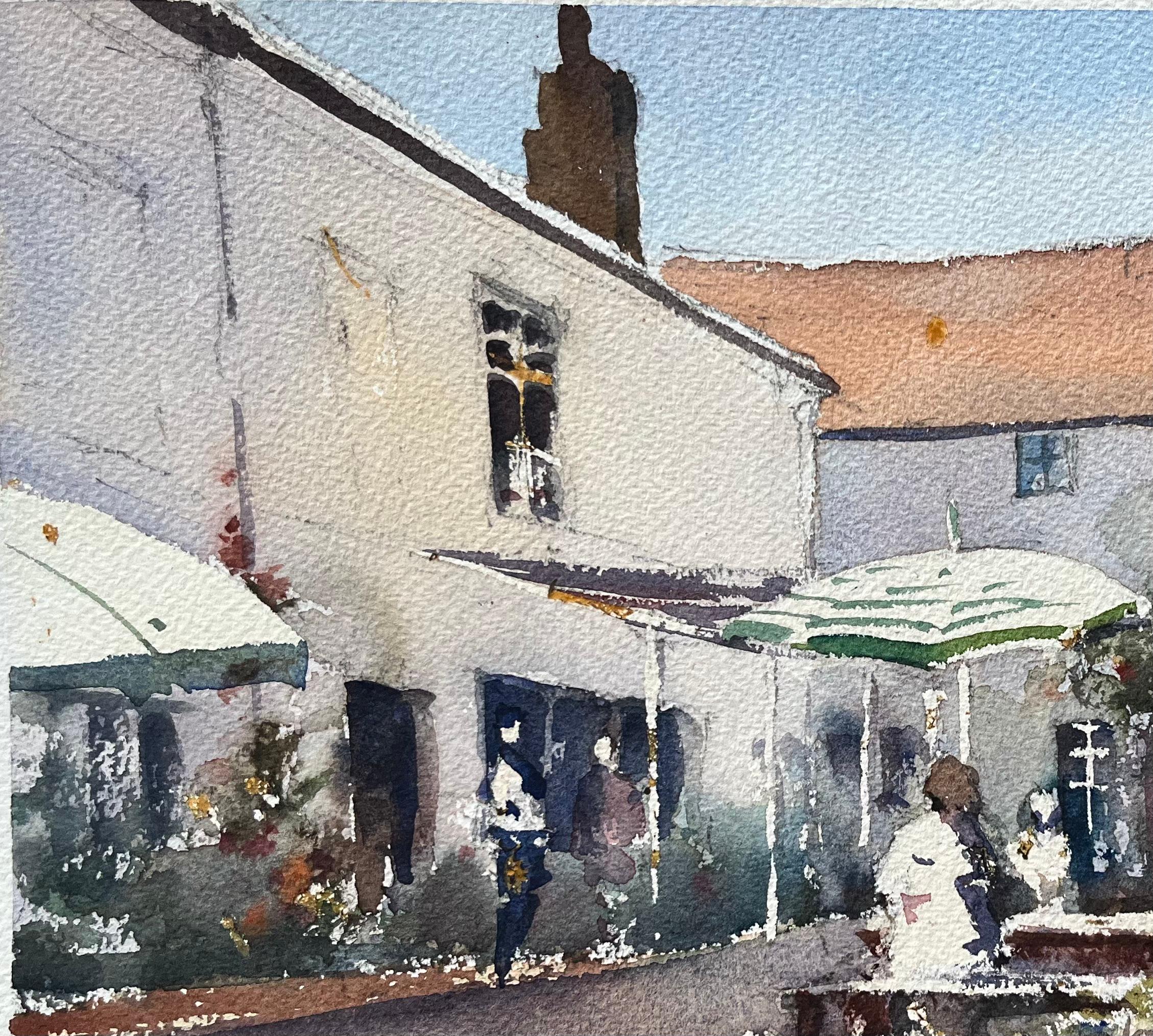 Aquarelle impressionniste britannique d'une scène de café dans une cour ensoleillée et animée en vente 1
