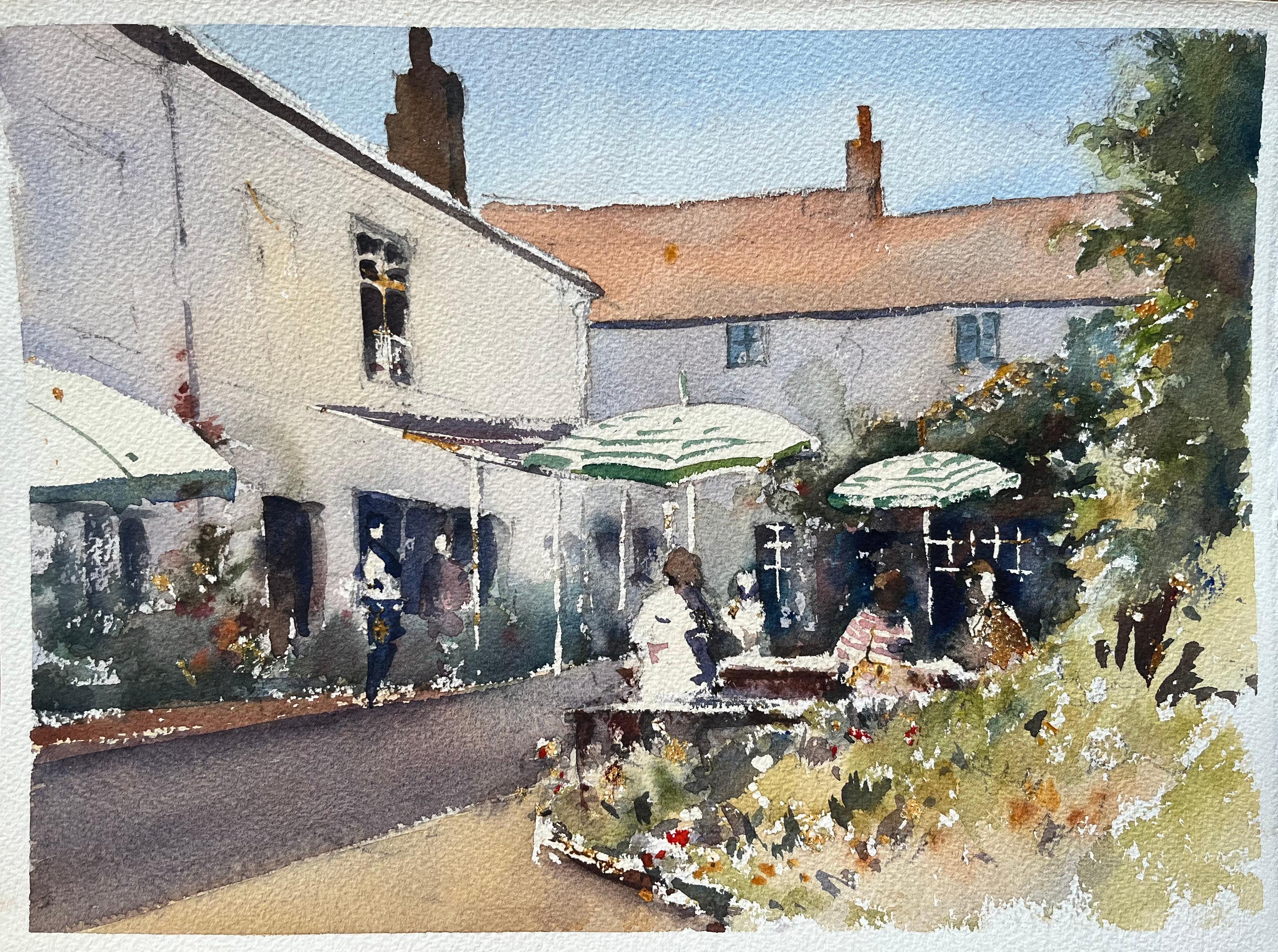 Aquarelle impressionniste britannique d'une scène de café dans une cour ensoleillée et animée