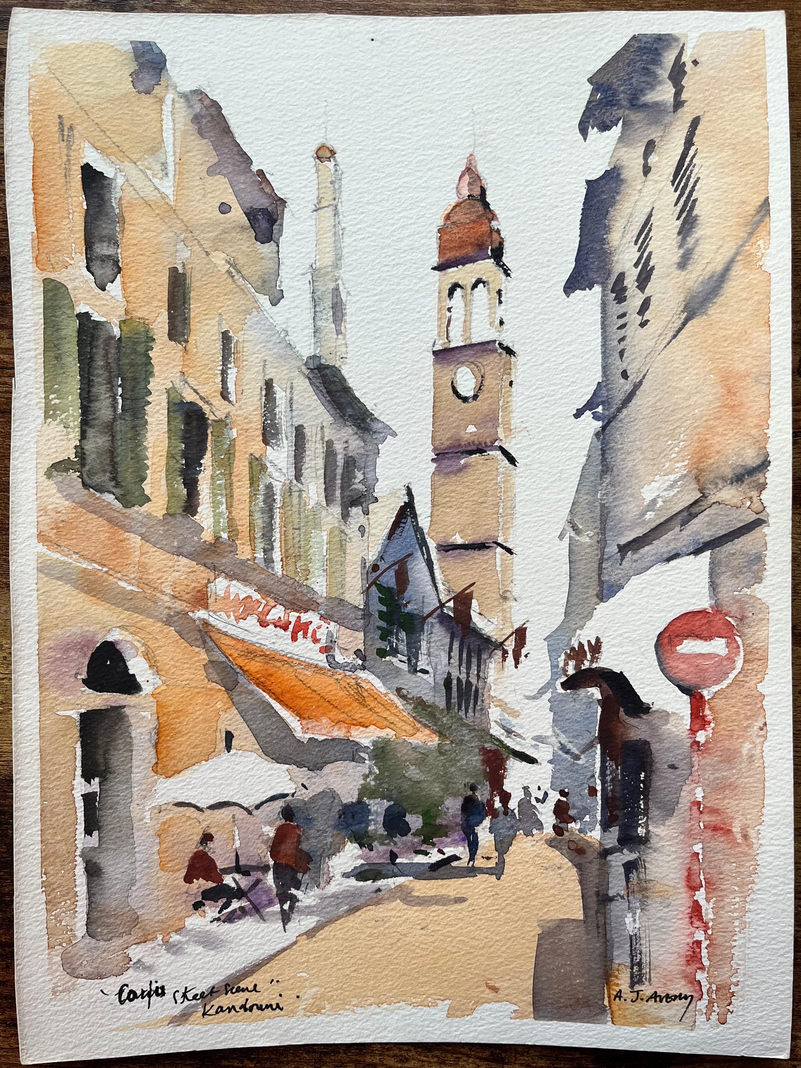 Acuarela impresionista británica de una escena callejera en un café de Kandouri - Painting de Anthony Avery
