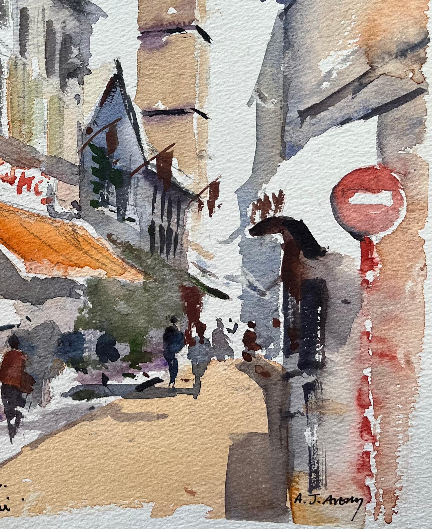 Acuarela impresionista británica de una escena callejera en un café de Kandouri - Landscape Painting Beige de Anthony Avery