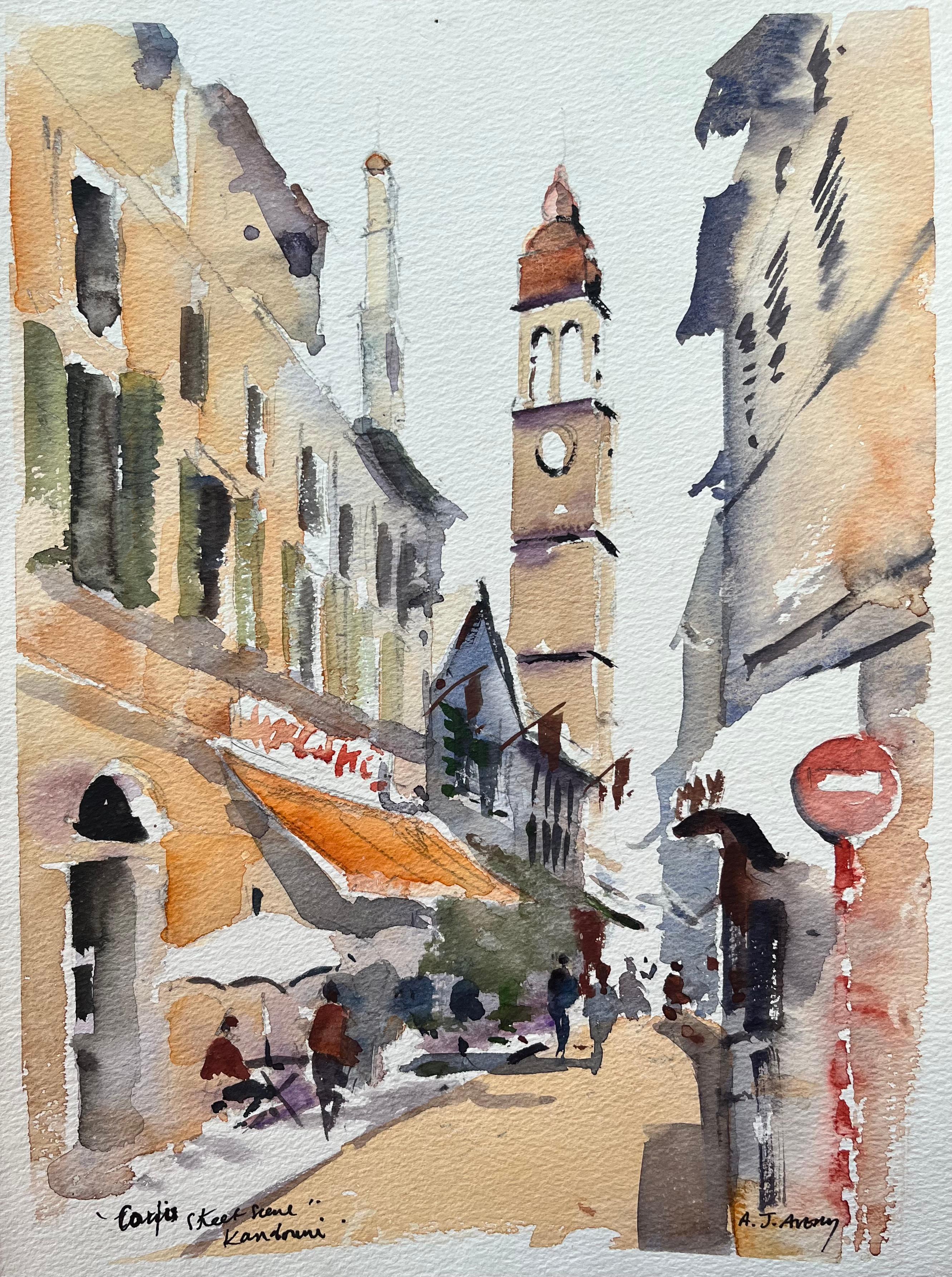 Landscape Painting de Anthony Avery - Acuarela impresionista británica de una escena callejera en un café de Kandouri