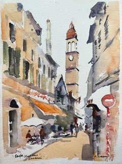 British Impressionist Watercolor of a Café Street Scene in Kandouri