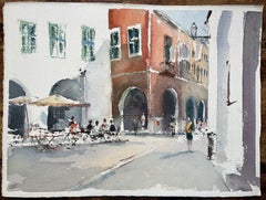 British Impressionist Watercolor of a Charming European Street Scene with Cafe