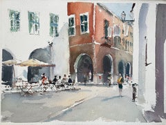 British Impressionist Watercolor of a Charming European Street Scene with Cafe