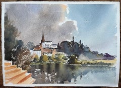 British Impressionist Watercolor of a Charming Riverside Village with Church