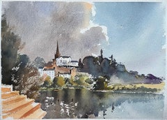British Impressionist Watercolor of a Charming Riverside Village with Church