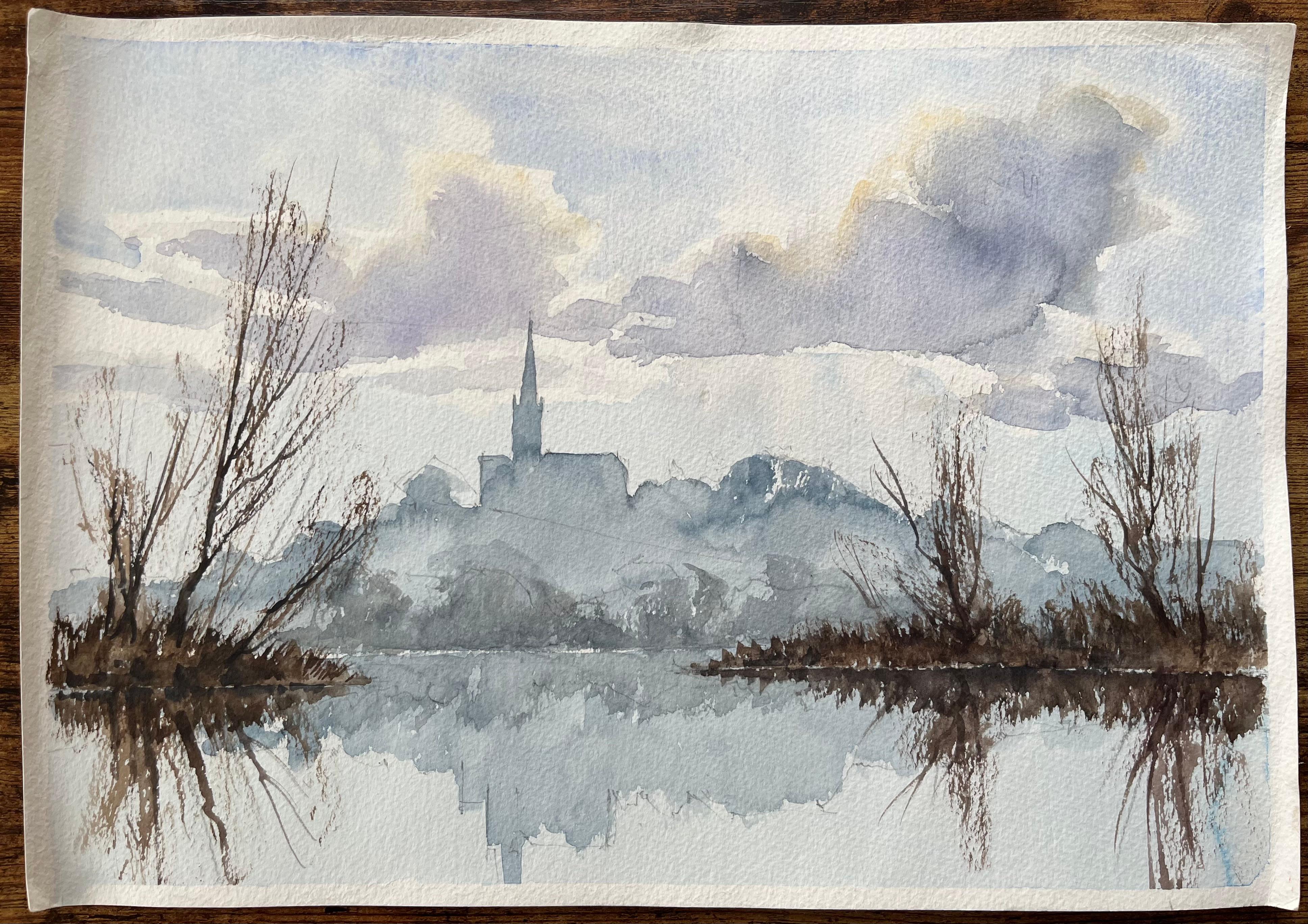 British Impressionist Watercolor of a Church Silhouette over Misty Reflections - Painting by Anthony Avery
