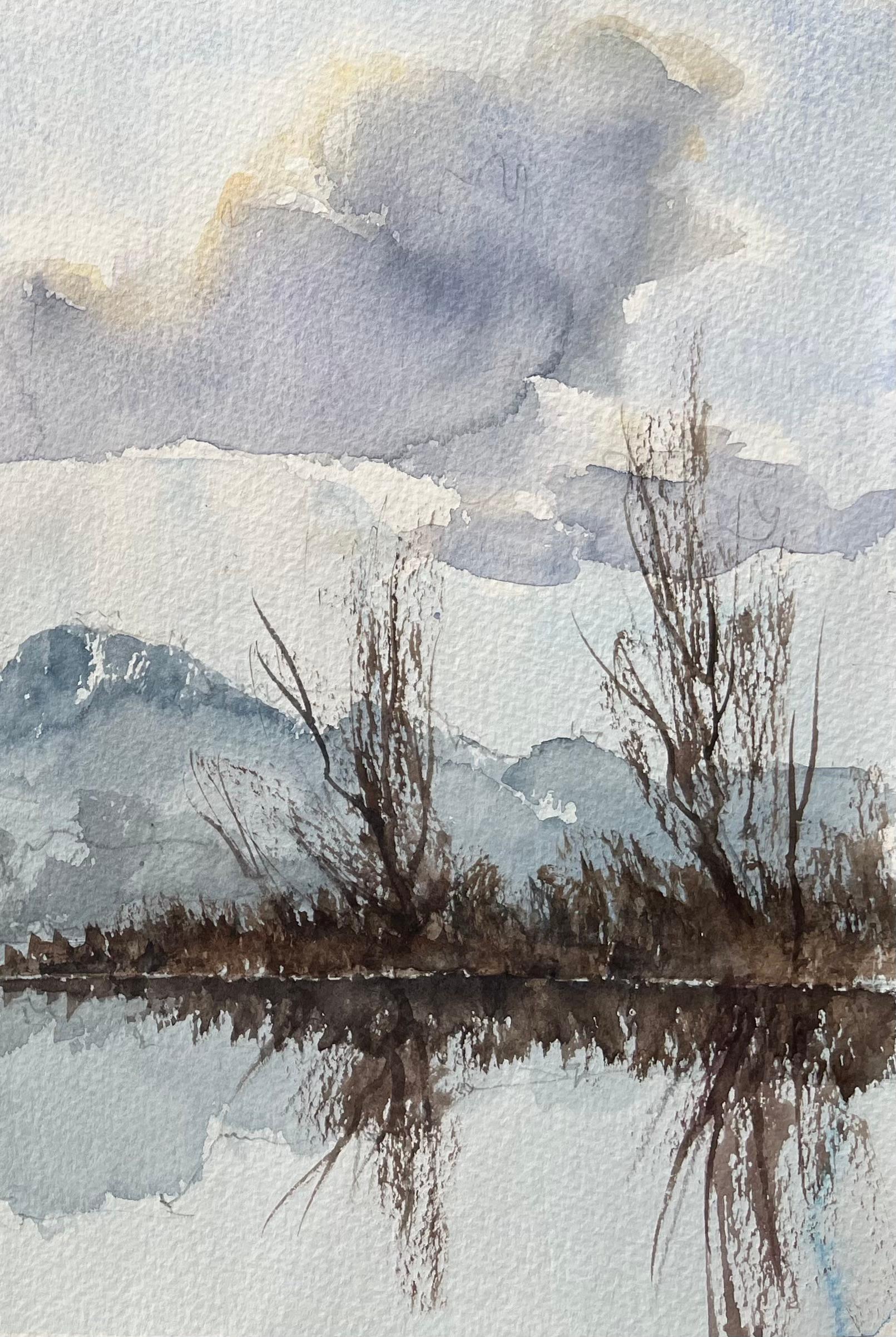 British Impressionist Watercolor of a Church Silhouette over Misty Reflections - Gray Landscape Painting by Anthony Avery