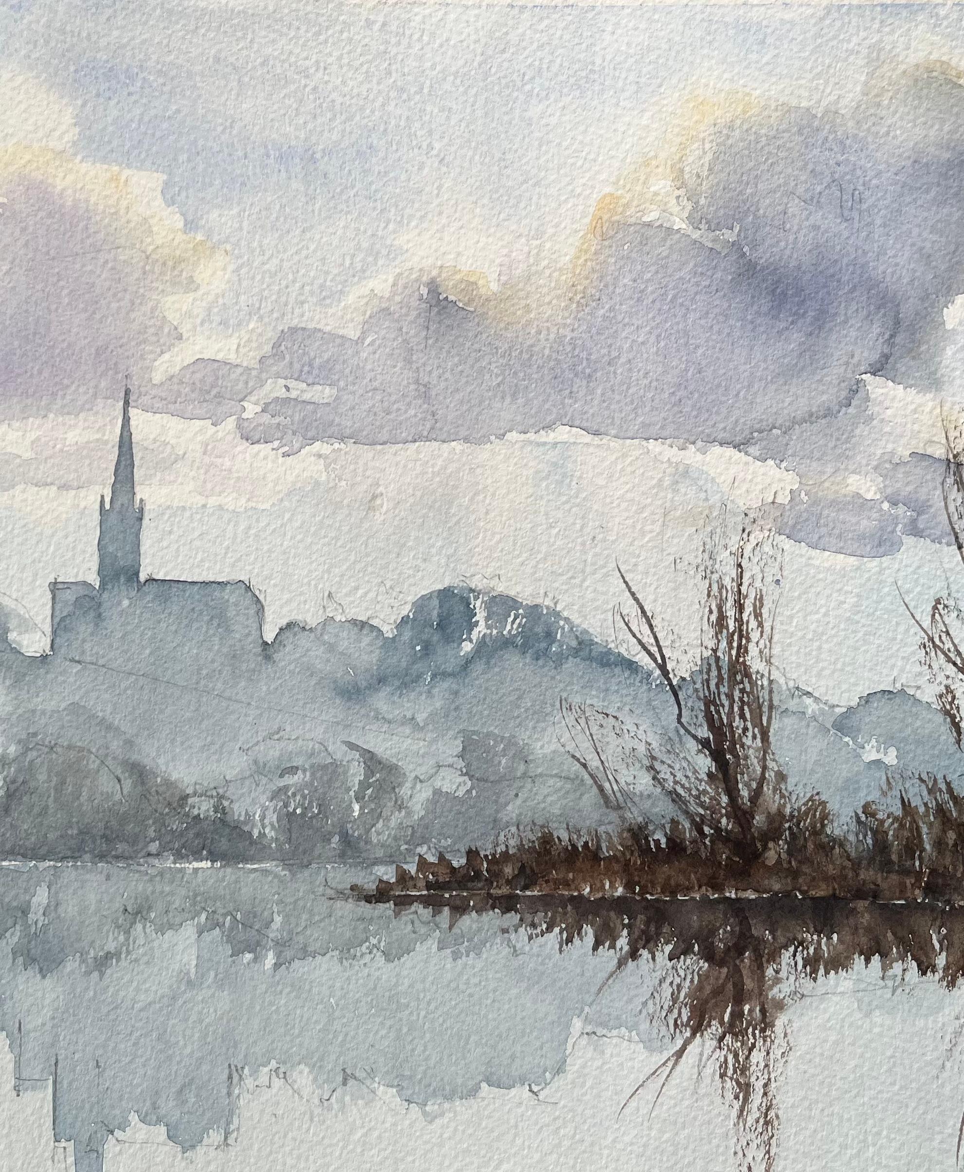 Title: British Impressionist Watercolor of a Church Silhouette over Misty Reflections
by Anthony Avery (British 1946-2023)
Original watercolor on artists paper, unframed
Dimensions: 11.5 x 16.5 inches (Height x Width)
Condition: Good, with some