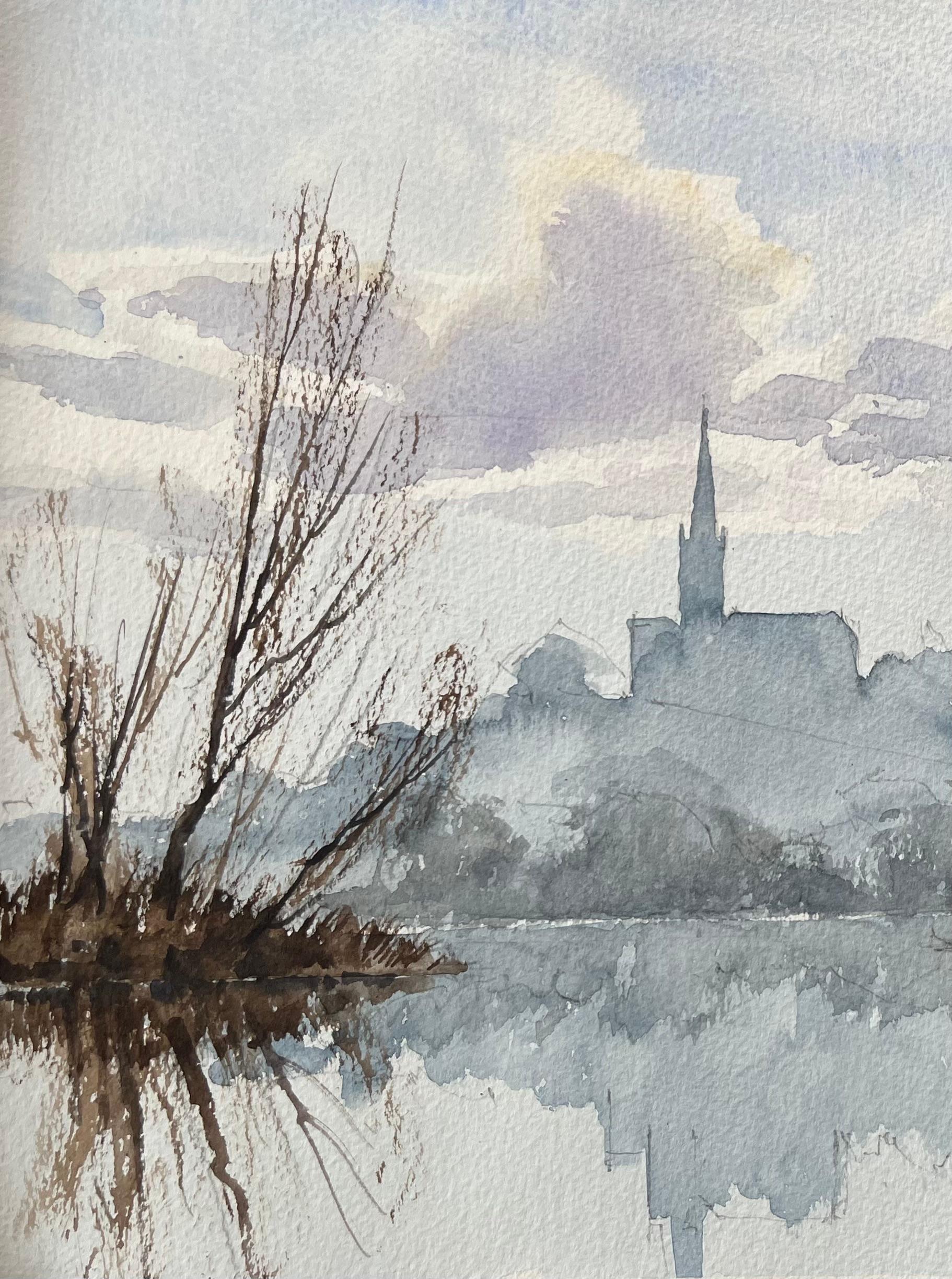 British Impressionist Watercolor of a Church Silhouette over Misty Reflections For Sale 1
