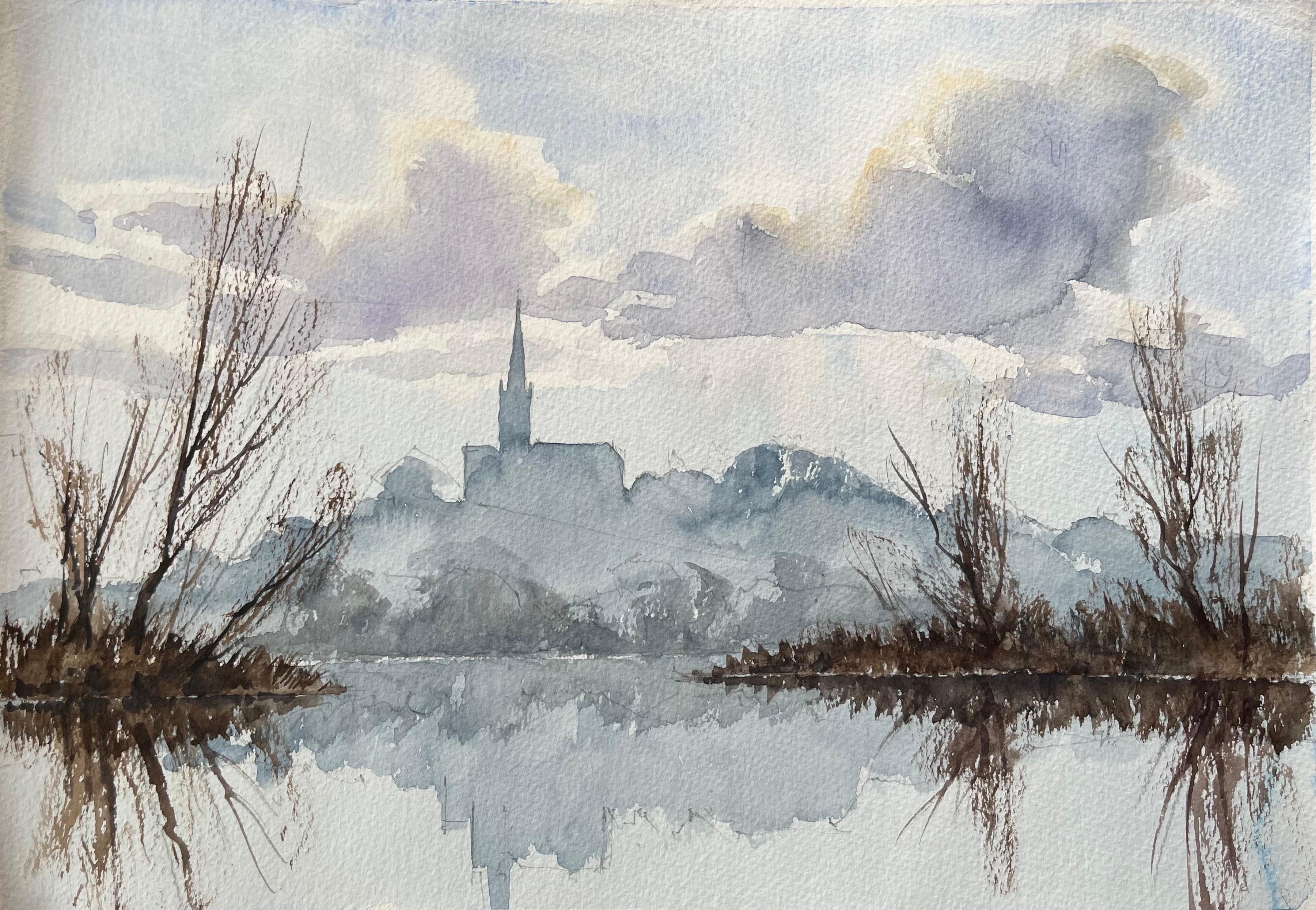 Anthony Avery Landscape Painting - British Impressionist Watercolor of a Church Silhouette over Misty Reflections