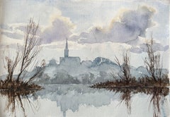 Britischer Impressionist Aquarell einer Church's Silhouette über nebligen Reflektionen