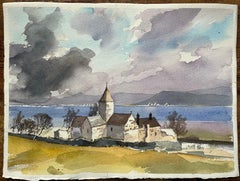 Acquerello impressionista britannico di una chiesa costiera con cielo drammatico