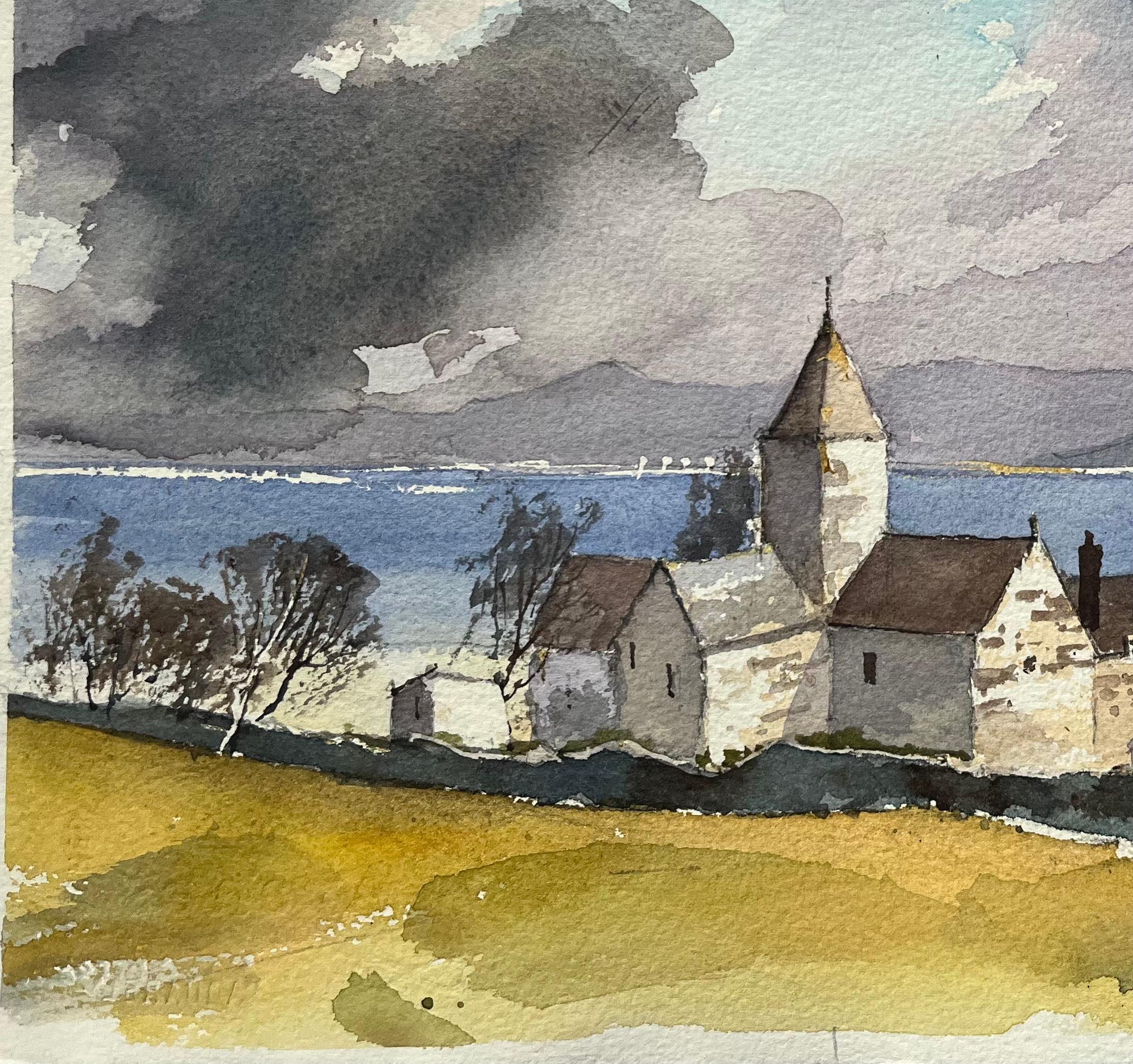 British Impressionist Watercolor of a Coastal Church with Dramatic Sky - Gray Landscape Painting by Anthony Avery