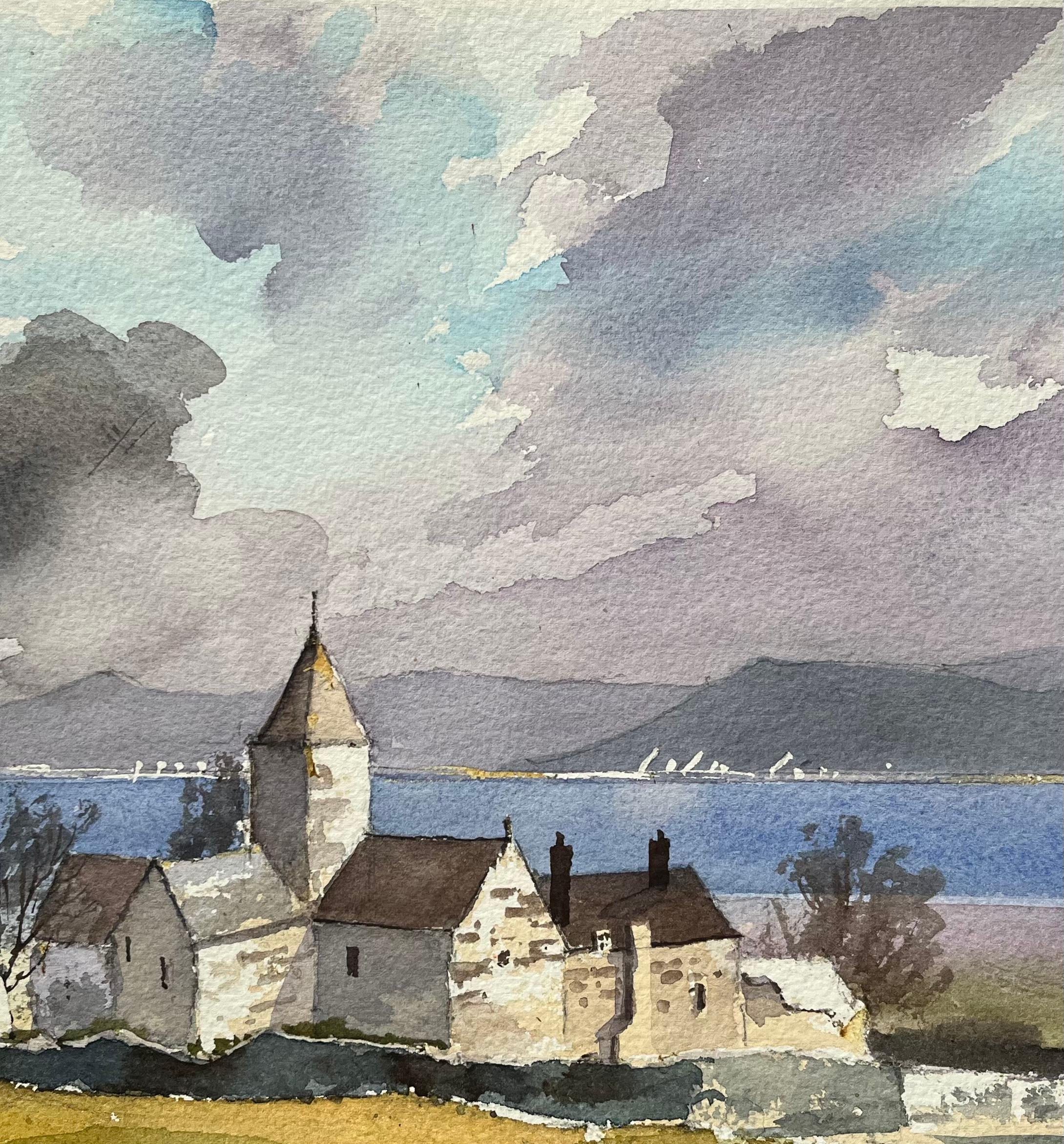 British Impressionist Watercolor of a Coastal Church with Dramatic Sky For Sale 1
