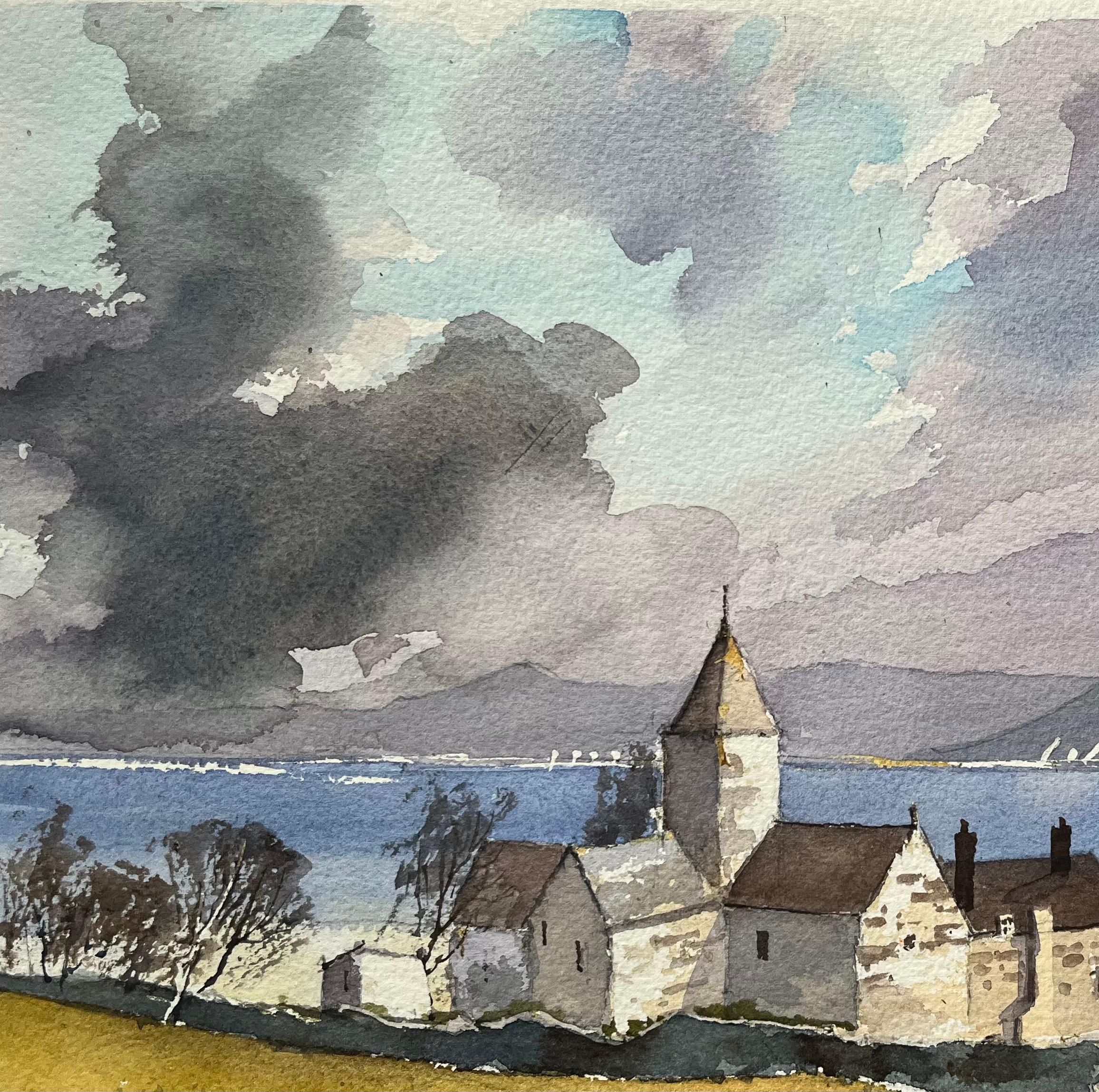 British Impressionist Watercolor of a Coastal Church with Dramatic Sky For Sale 2