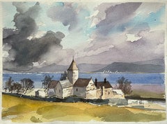 Britischer Impressionist Aquarell einer Kirche an der Küste mit dramatischem Himmel