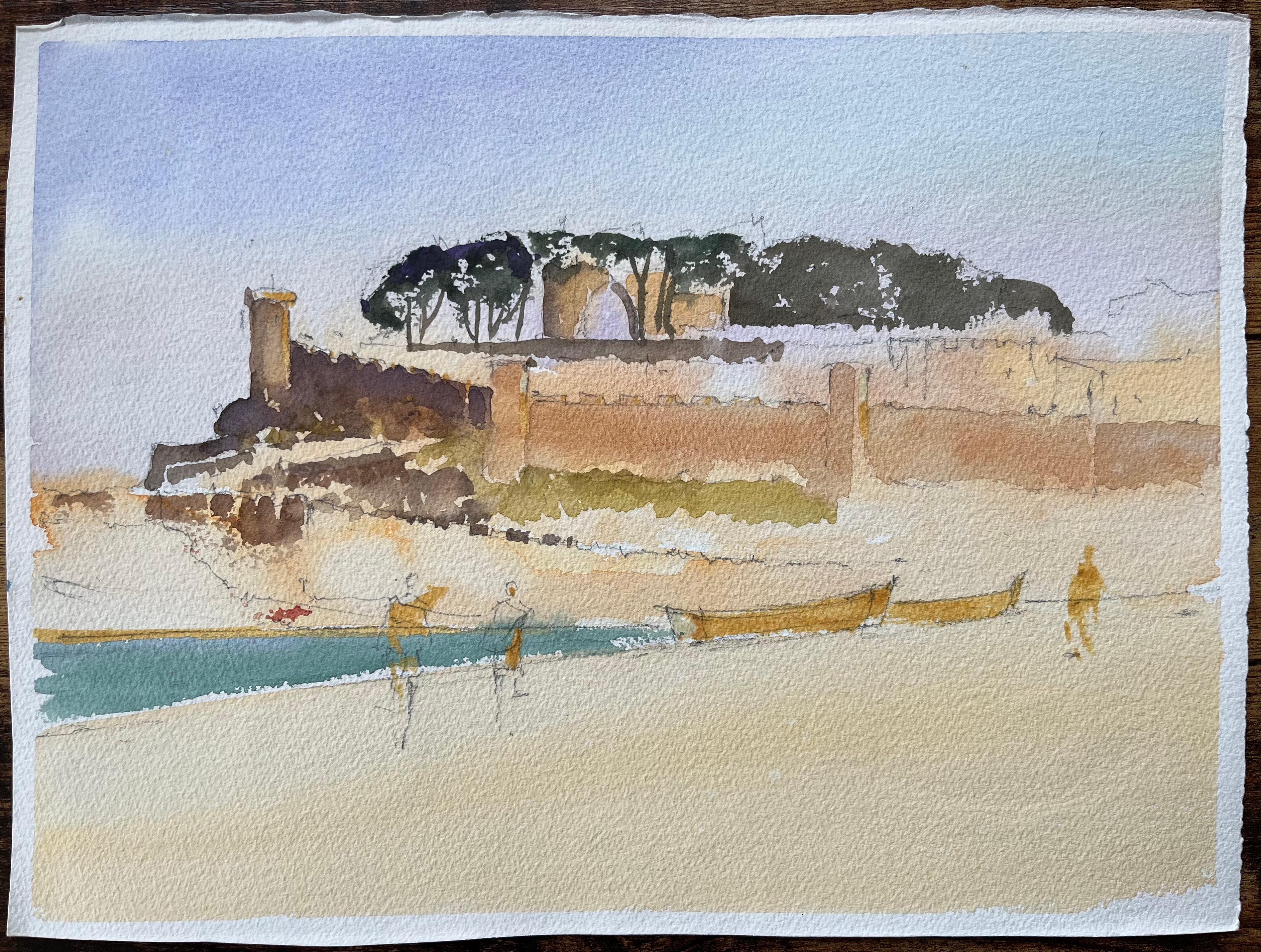 British Impressionist Watercolor of a Coastal Fort with Boats on the Shore - Painting by Anthony Avery