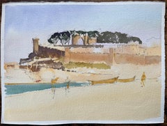 British Impressionist Watercolor of a Coastal Fort with Boats on the Shore