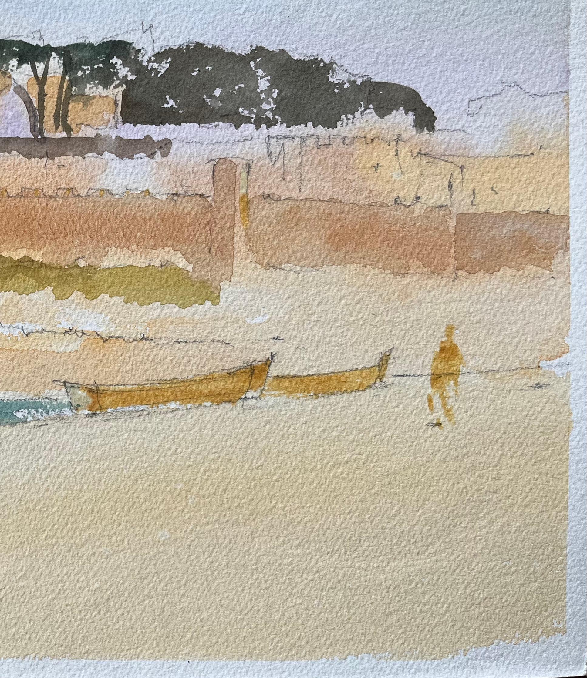 British Impressionist Watercolor of a Coastal Fort with Boats on the Shore - Gray Landscape Painting by Anthony Avery