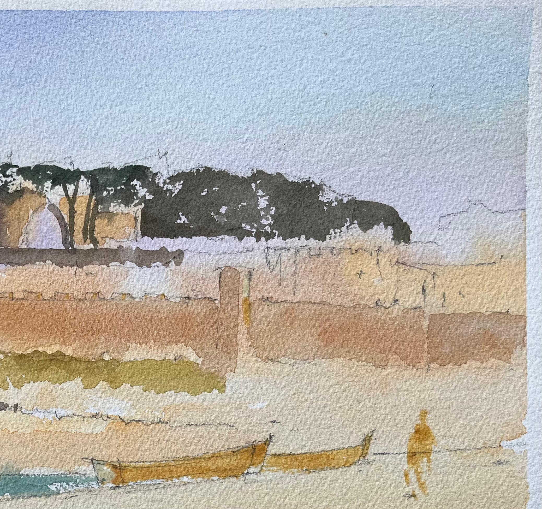 Title: British Impressionist Watercolor of a Coastal Fort with Boats on the Shore
By Anthony Avery (British 1946-2023)
Original watercolor on artists paper, unframed
Dimensions: 11.25 x 15.25 inches (Height x Width)
Condition: Good, with some minor
