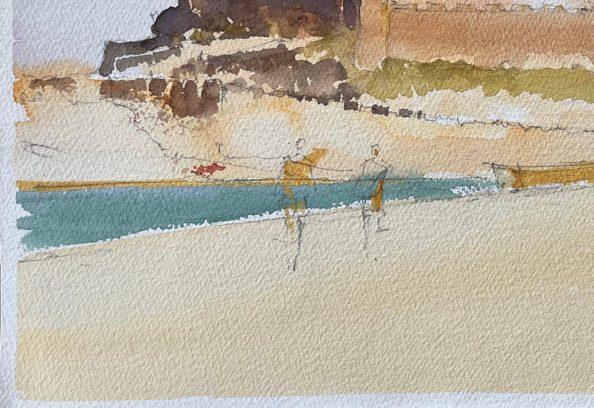 British Impressionist Watercolor of a Coastal Fort with Boats on the Shore For Sale 1