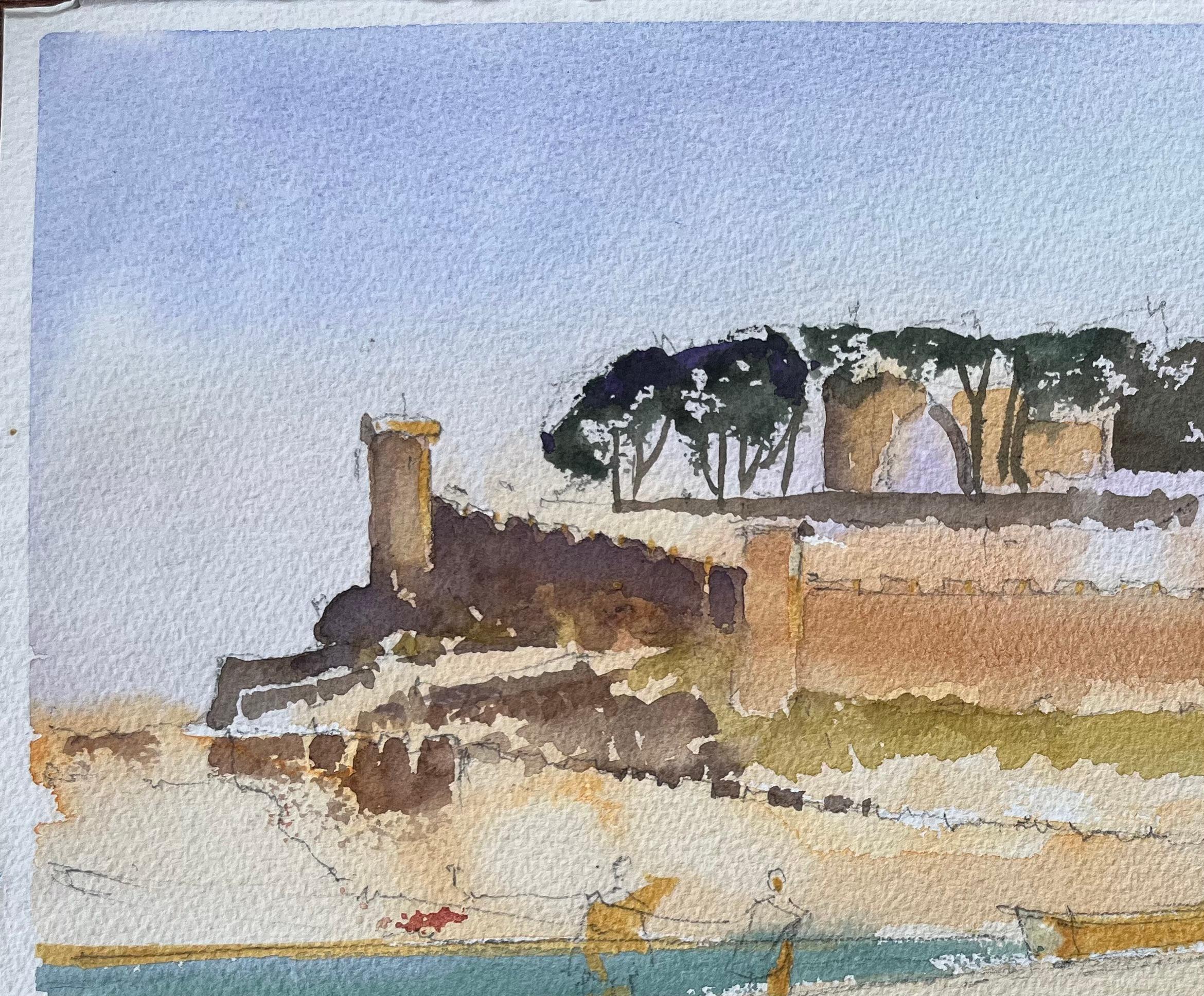 British Impressionist Watercolor of a Coastal Fort with Boats on the Shore For Sale 2