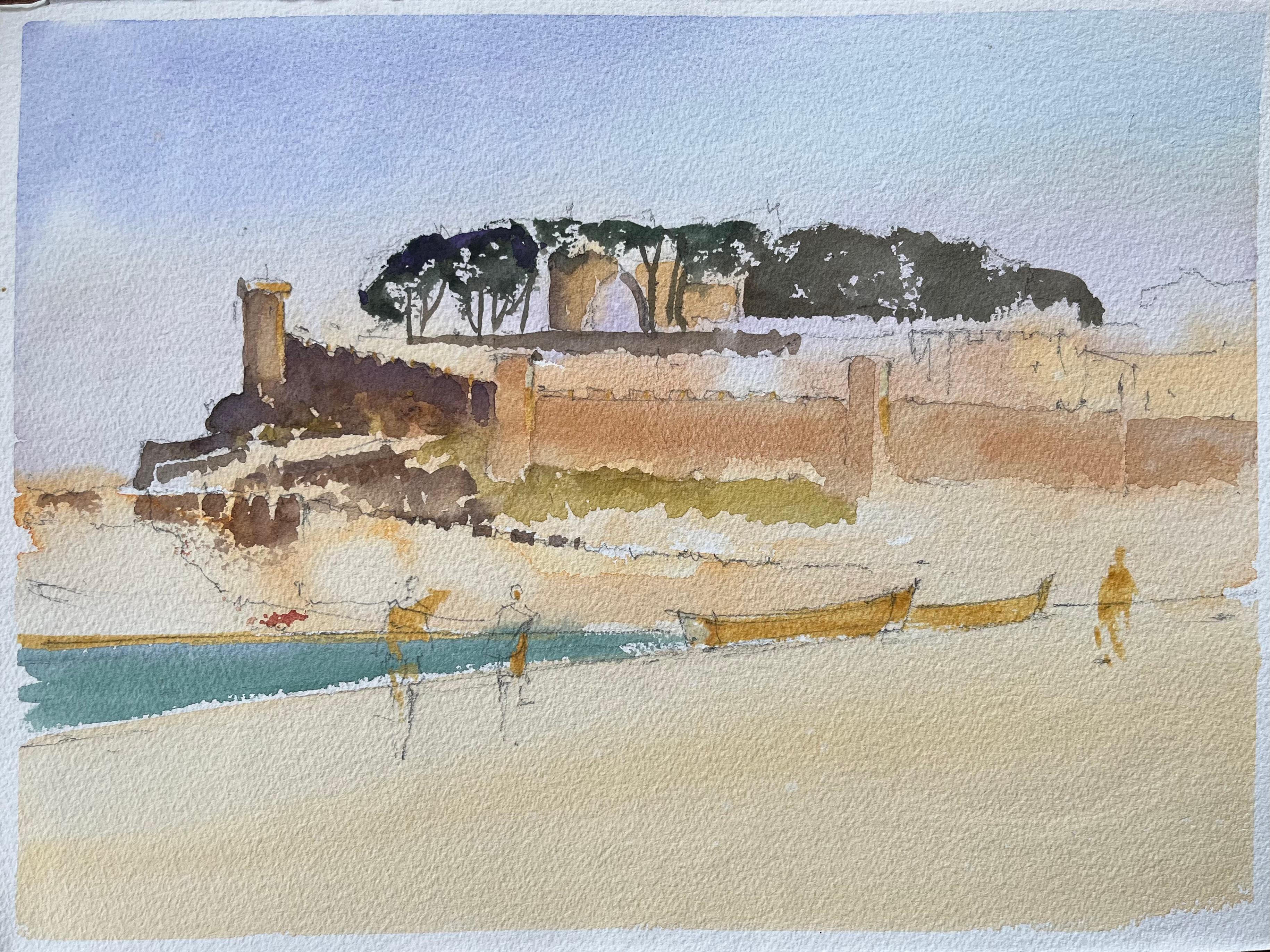 Anthony Avery Landscape Painting - British Impressionist Watercolor of a Coastal Fort with Boats on the Shore
