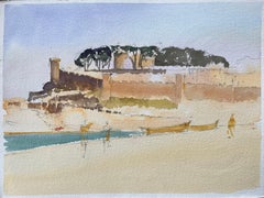 British Impressionist Watercolor of a Coastal Fort with Boats on the Shore