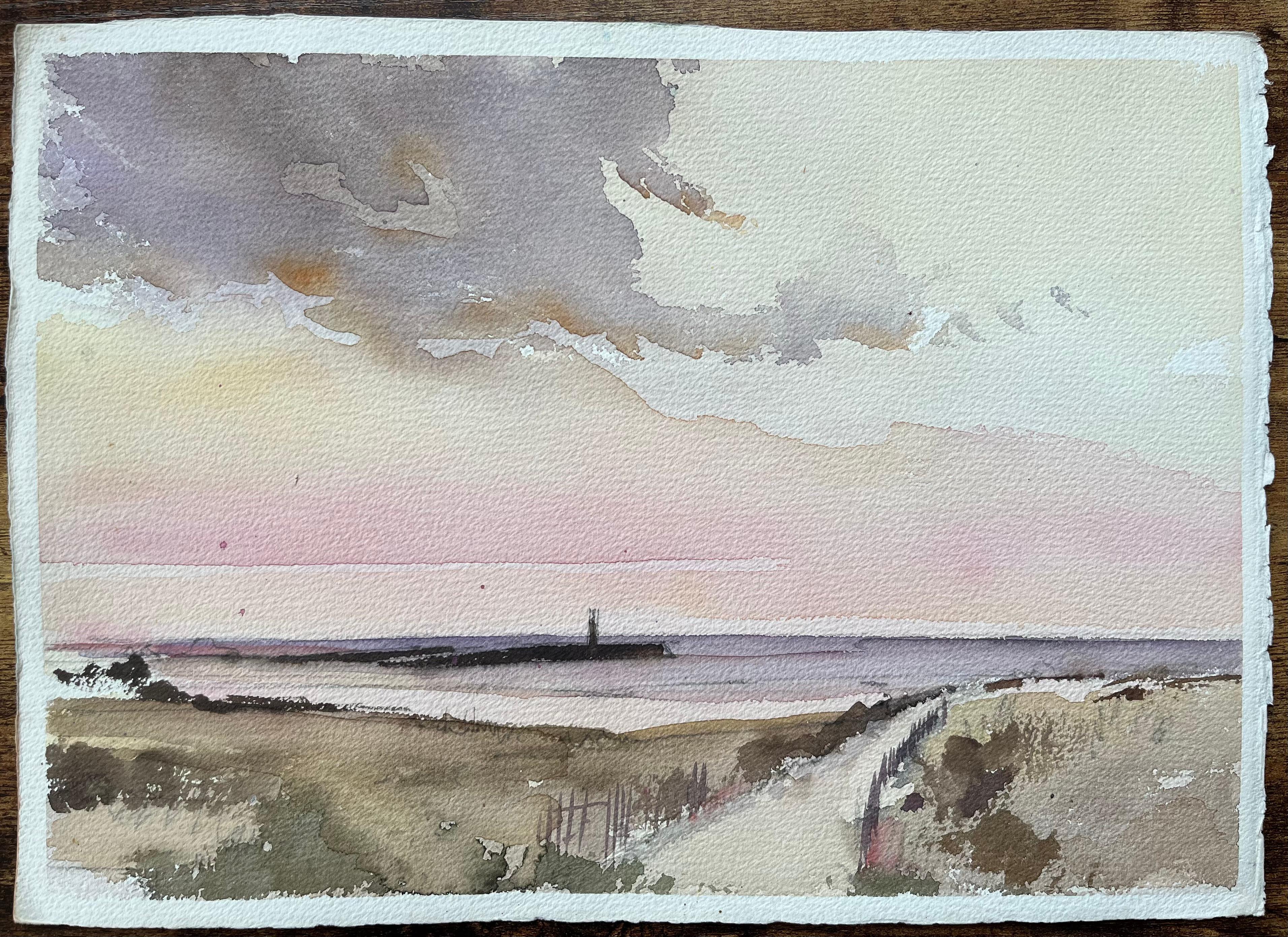 British Impressionist Watercolor of a Coastal Scene with a Lighthouse at Dusk - Painting by Anthony Avery