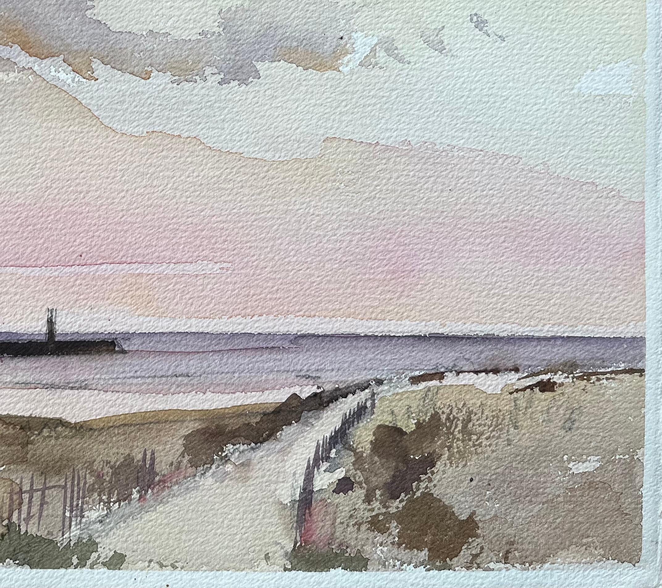 British Impressionist Watercolor of a Coastal Scene with a Lighthouse at Dusk - Gray Landscape Painting by Anthony Avery
