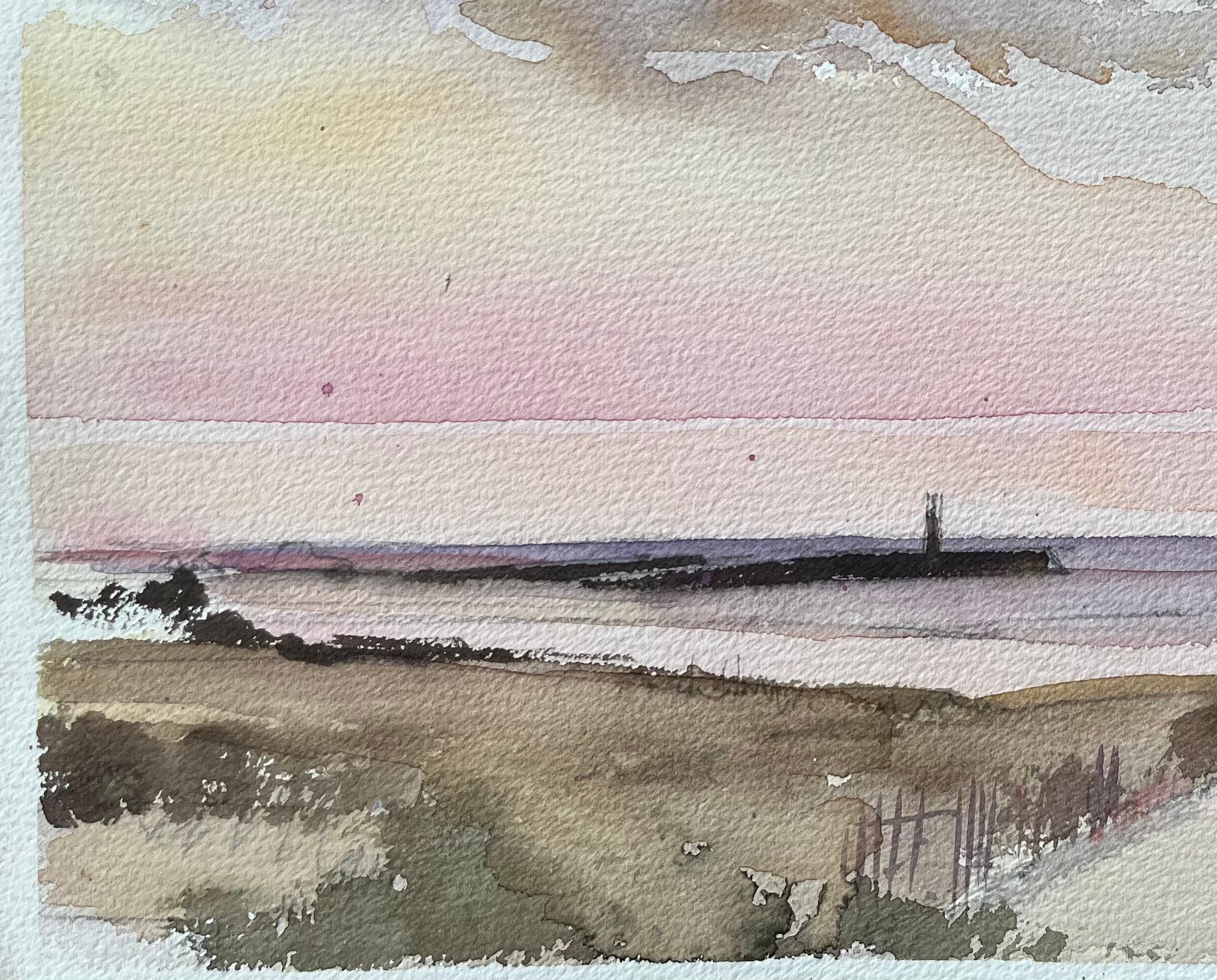 Title: British Impressionist Watercolor of a Coastal Scene with a Lighthouse at Dusk
By Anthony Avery (British 1946-2023)
Original watercolor on artists paper, unframed
Dimensions: 11 x 15.25 inches (Height x Width)
Condition: Good, with some minor