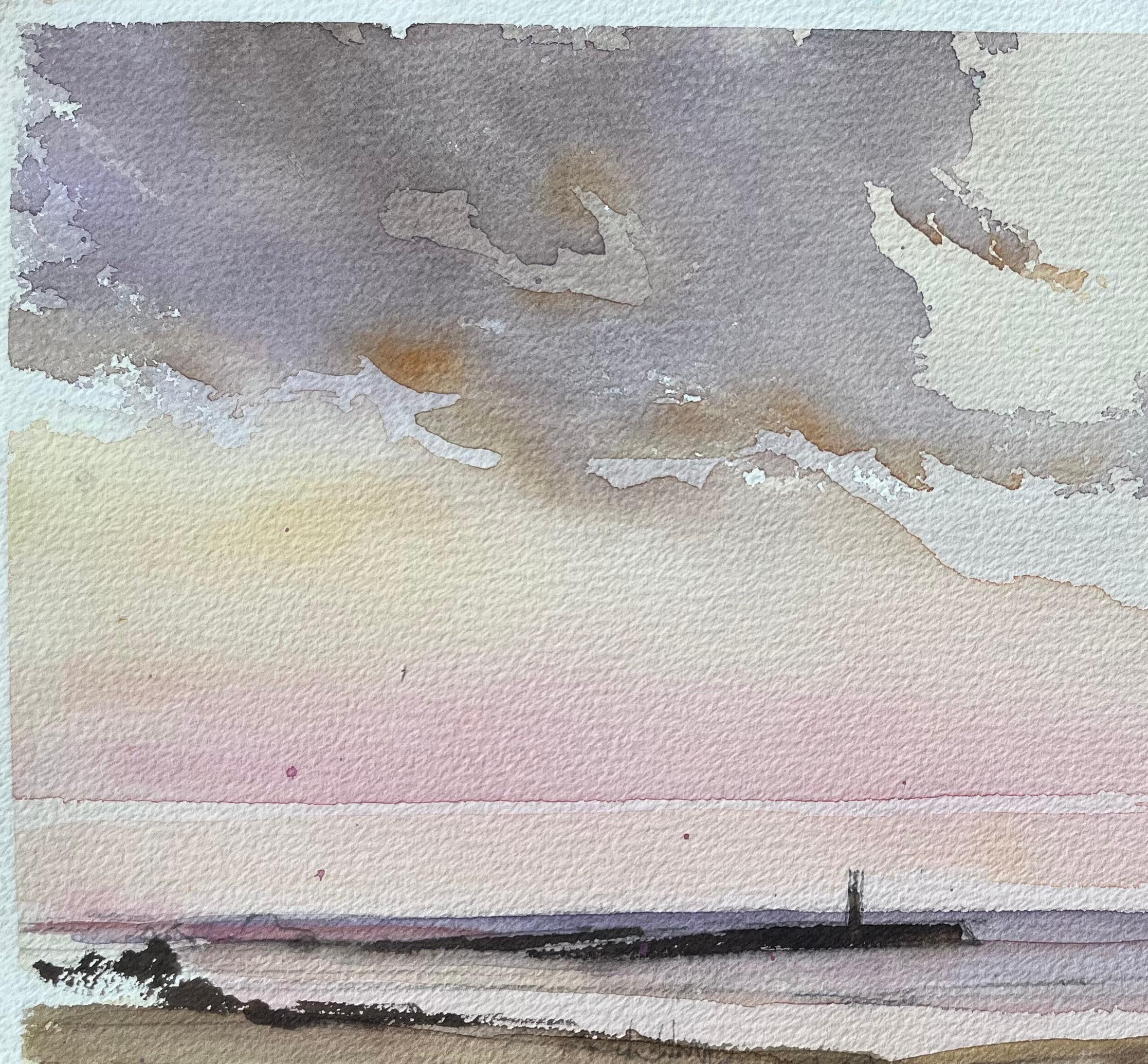 British Impressionist Watercolor of a Coastal Scene with a Lighthouse at Dusk For Sale 1